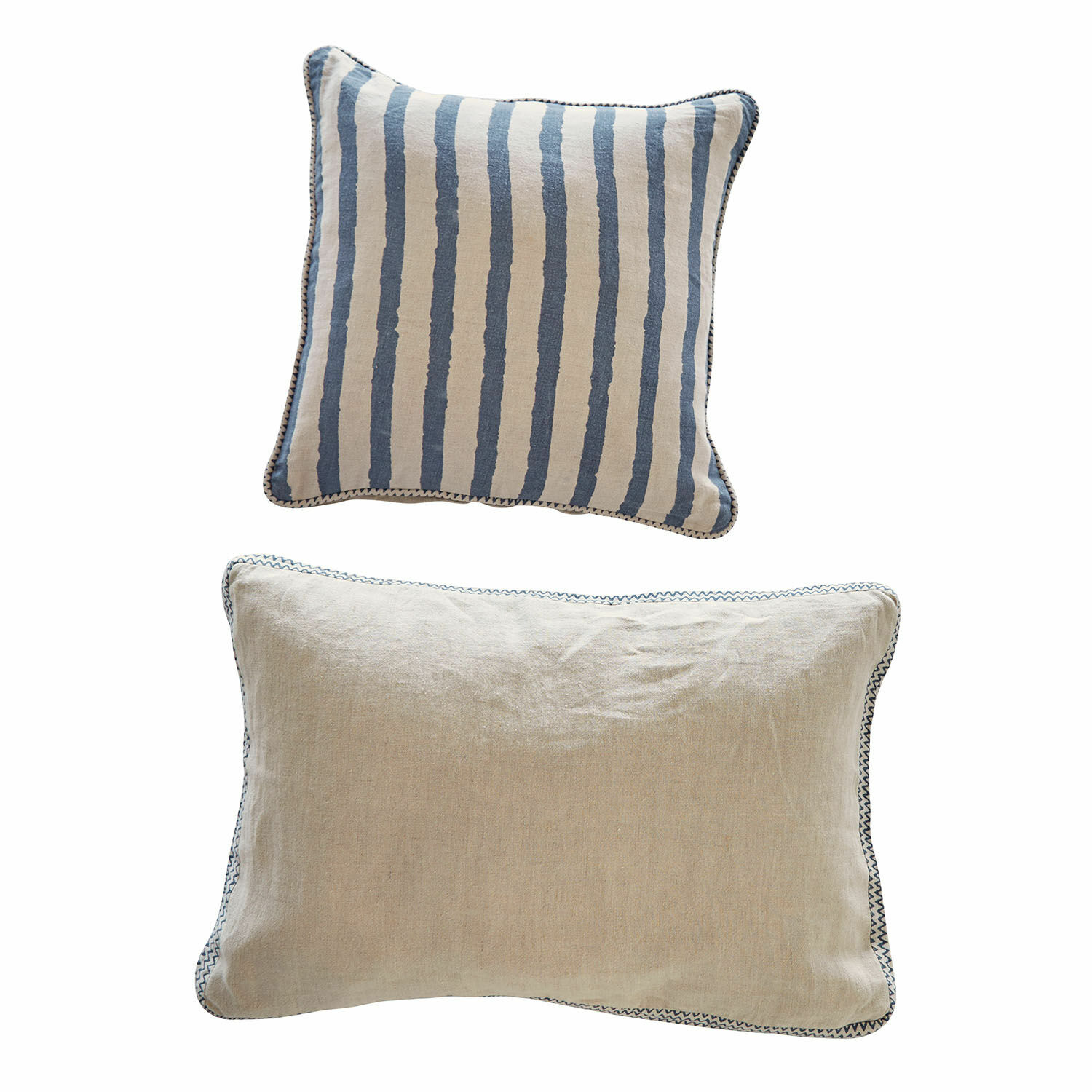 Coppia di copricuscini Alarindor Set di due cuscini decorativi in cotone beige e blu a righe per soggiorno