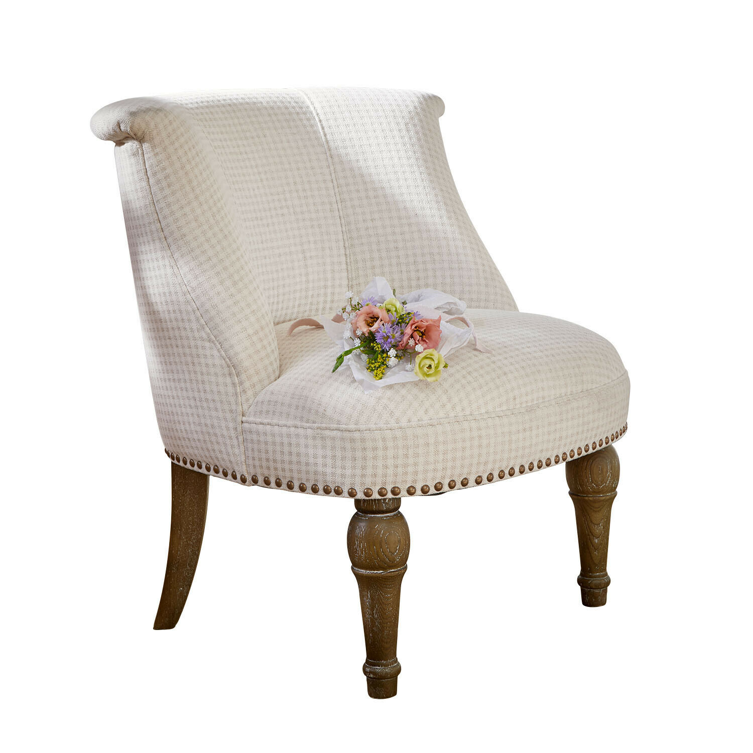 beige/marrone Poltrona Francet beige in tessuto a quadri con gambe in legno marrone, mobile elegante per soggiorno