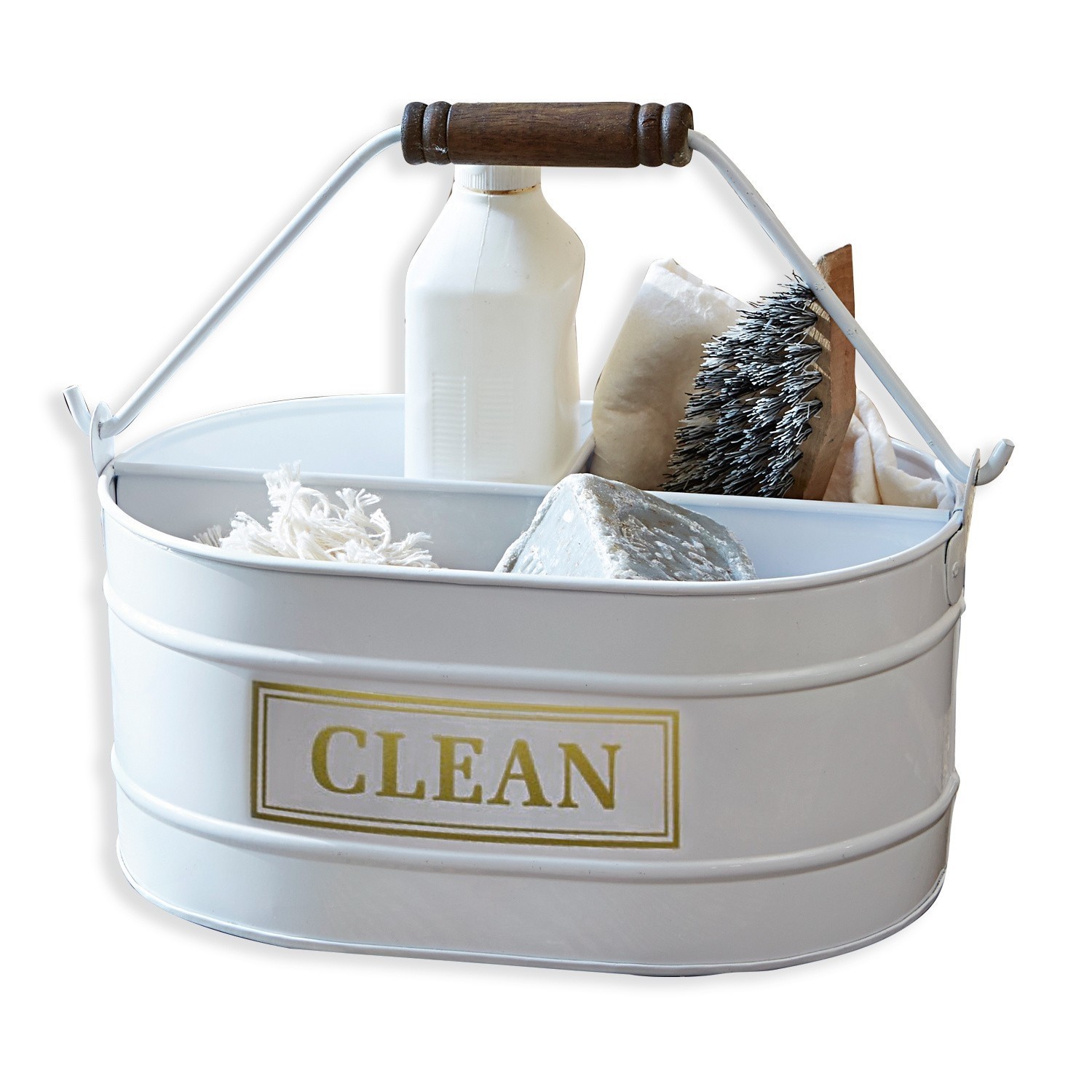 Secchio Clean Contenitore metallico bianco con manico in legno e accessori per la pulizia, organizer pratico per la casa