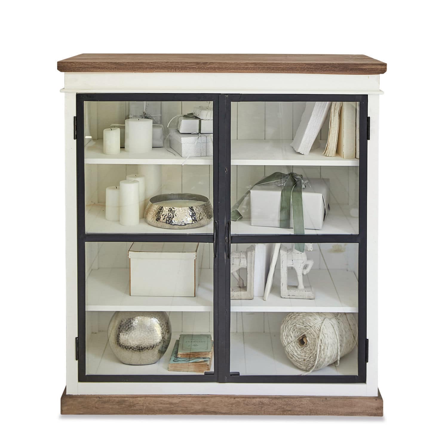 Comò Mira Vetrina in legno bianco con piano scuro e ante in vetro, decorazioni e libri all'interno