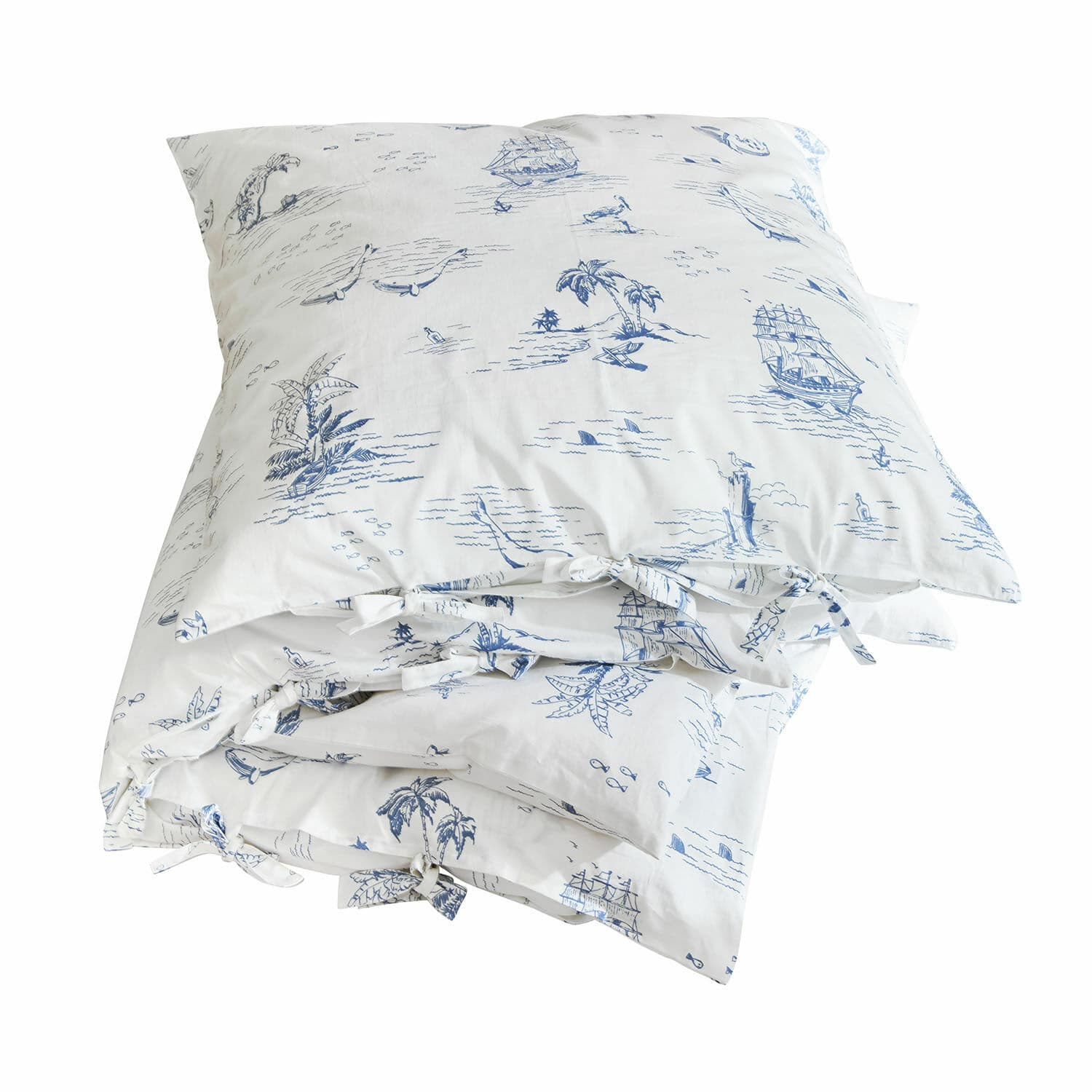 Biancheria da letto Douxie Biancheria da letto in cotone bianco con motivi marini blu, barche e palme, tessile decorativo e comodo