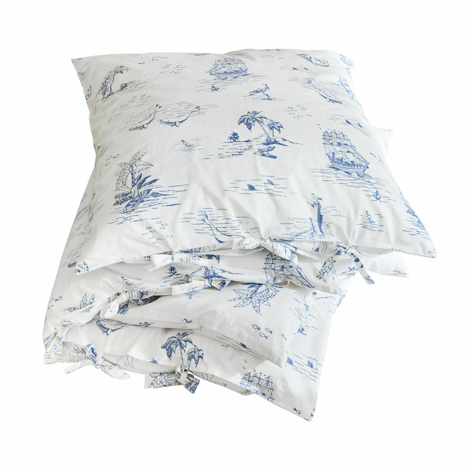 Biancheria da letto Douxie Biancheria da letto in cotone bianco con motivi marini blu, barche e palme, tessile decorativo e comodo