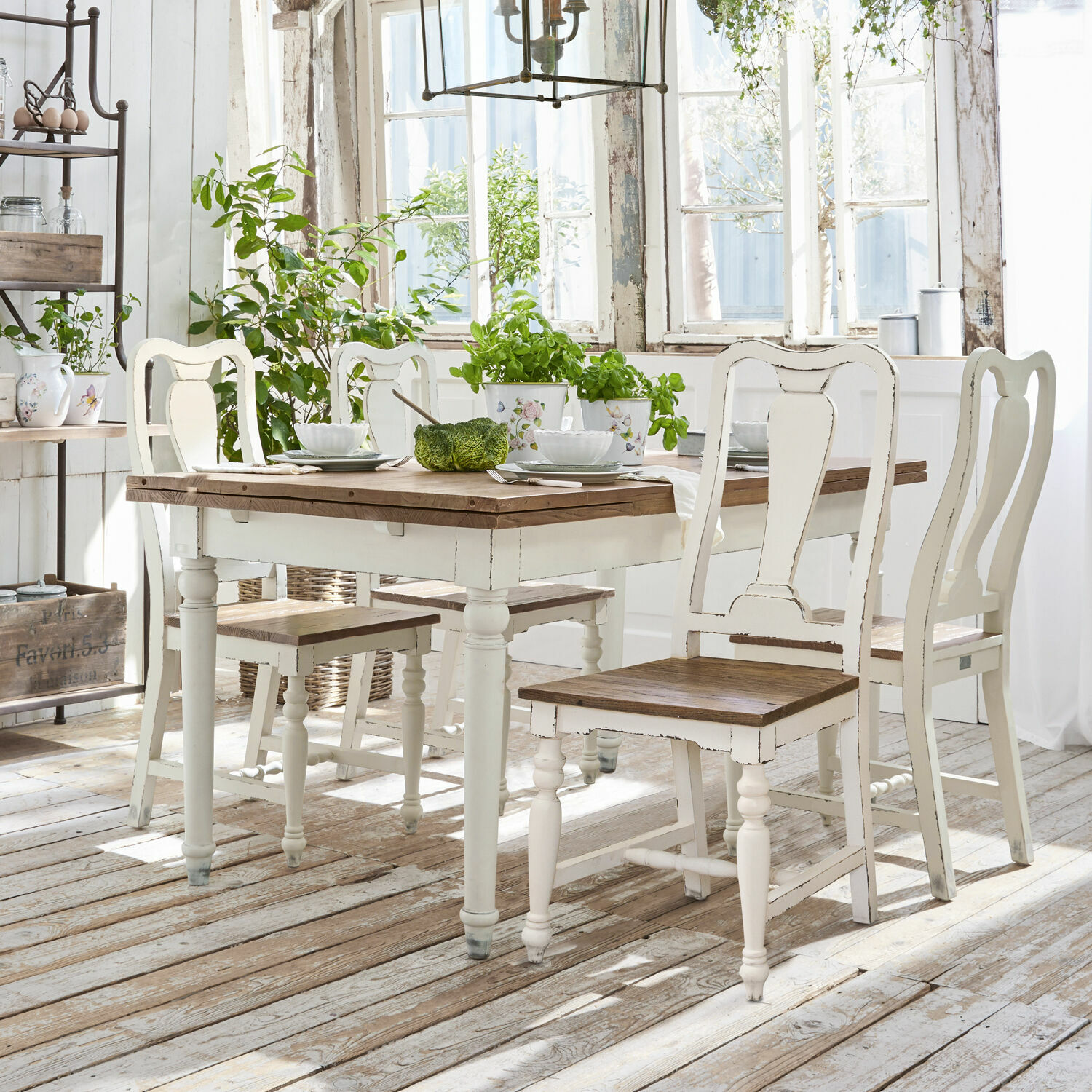 Tavolo Bradford Tavolo e sedie rustici in legno bianco e naturale in sala da pranzo luminosa con piante