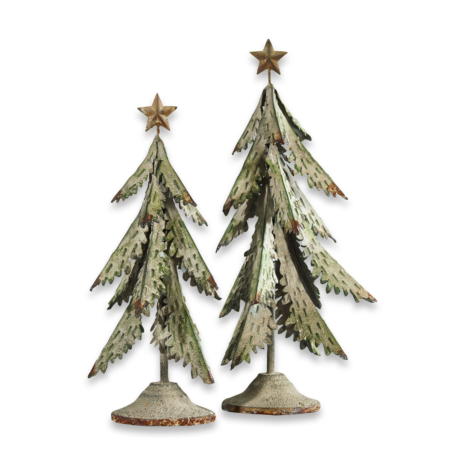 Coppia di alberelli decorativi Cour Due alberi di Natale decorativi in metallo verde-grigio con stelle in cima, decorazione natalizia