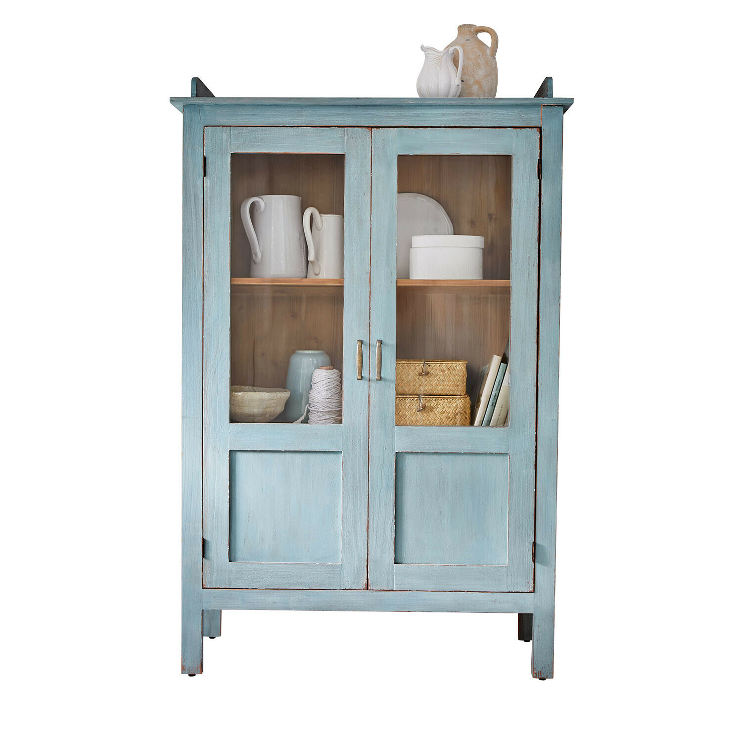 Vetrina Nouvellese Mobile in legno blu con ante in vetro e stoviglie decorative all'interno