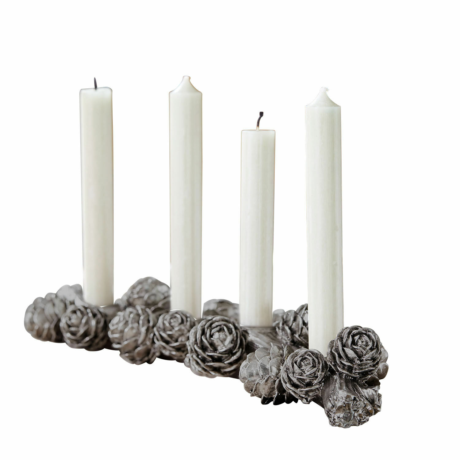 Portacandele Arasta Portacandele decorativo grigio con pigne e candele bianche, decorazione interna festiva