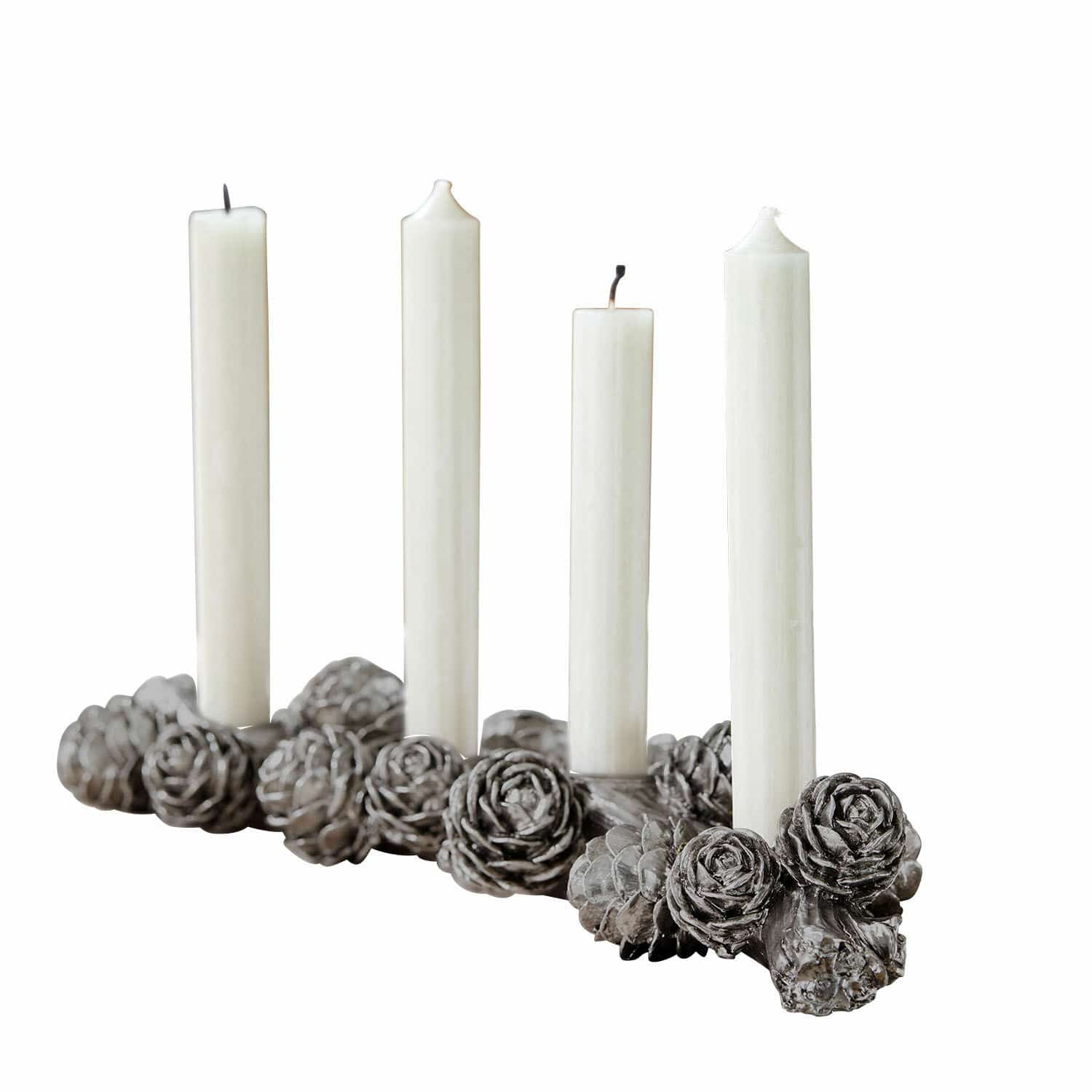 Portacandele Arasta Portacandele decorativo grigio con pigne e candele bianche, decorazione interna festiva