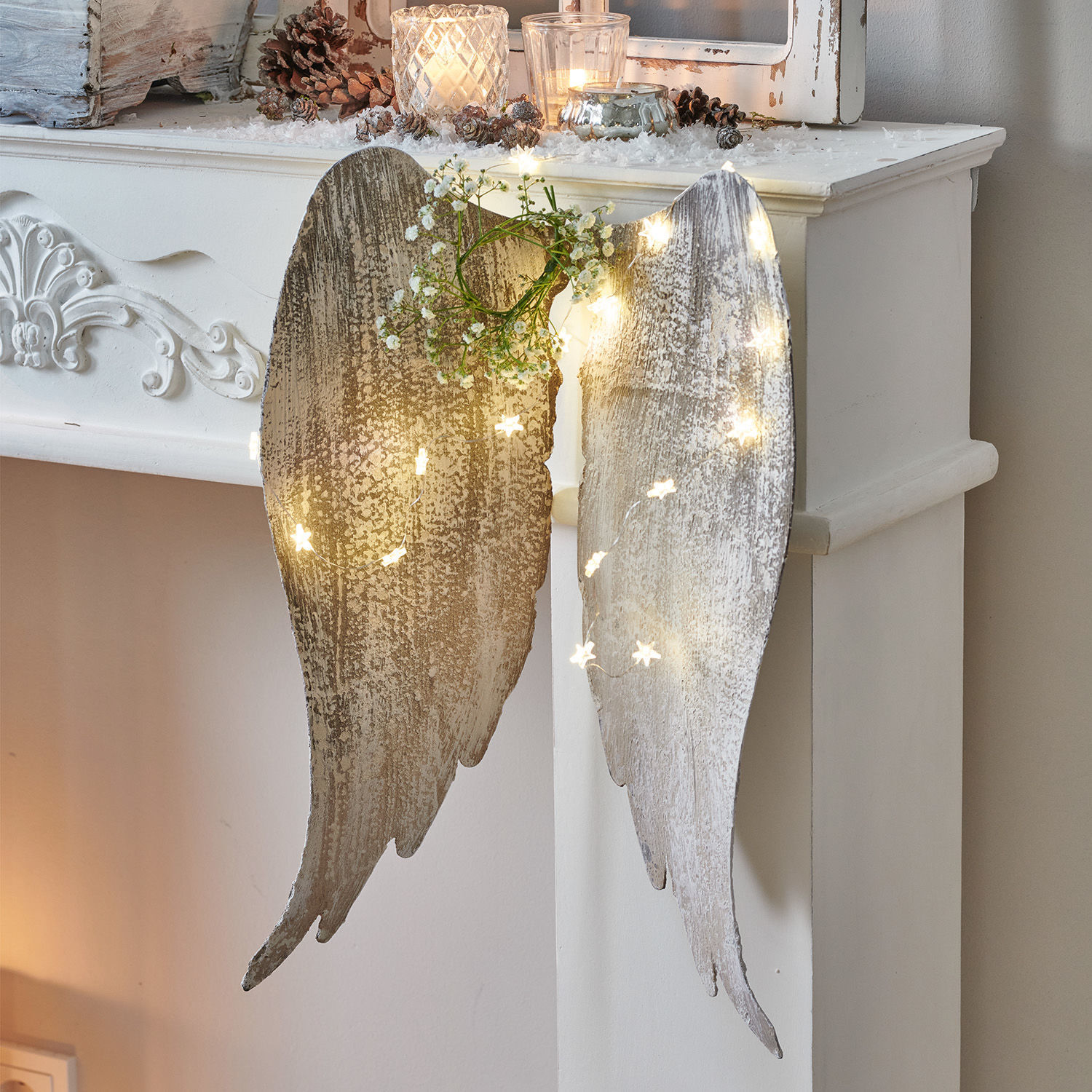 Ali d'angelo Gabrielle Ali d'angelo decorative in legno bianco con luci LED e corona verde per decorazione da parete
