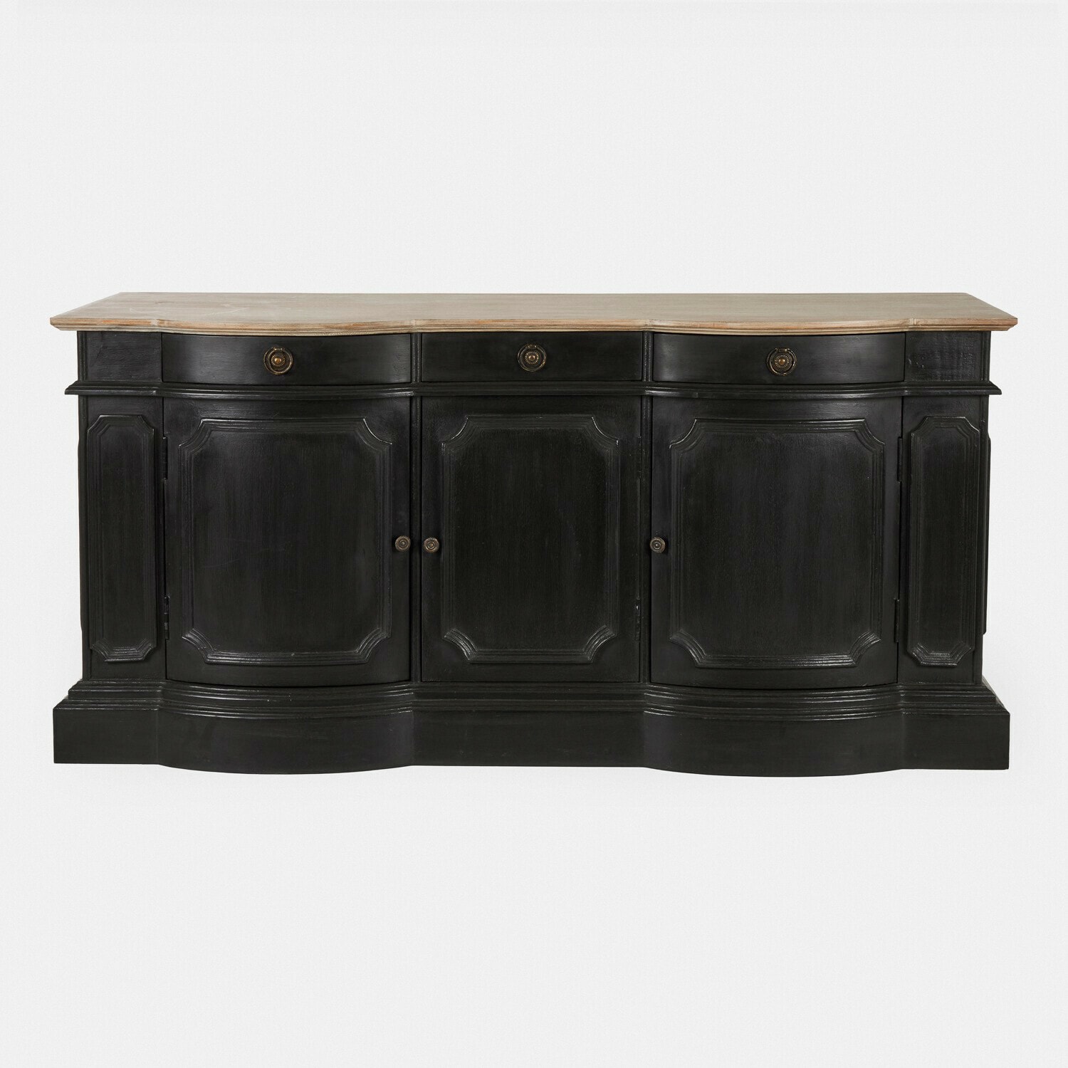 Credenza Rélovine Credenza in legno nero con piano chiaro e ante decorative, mobile elegante per soggiorno