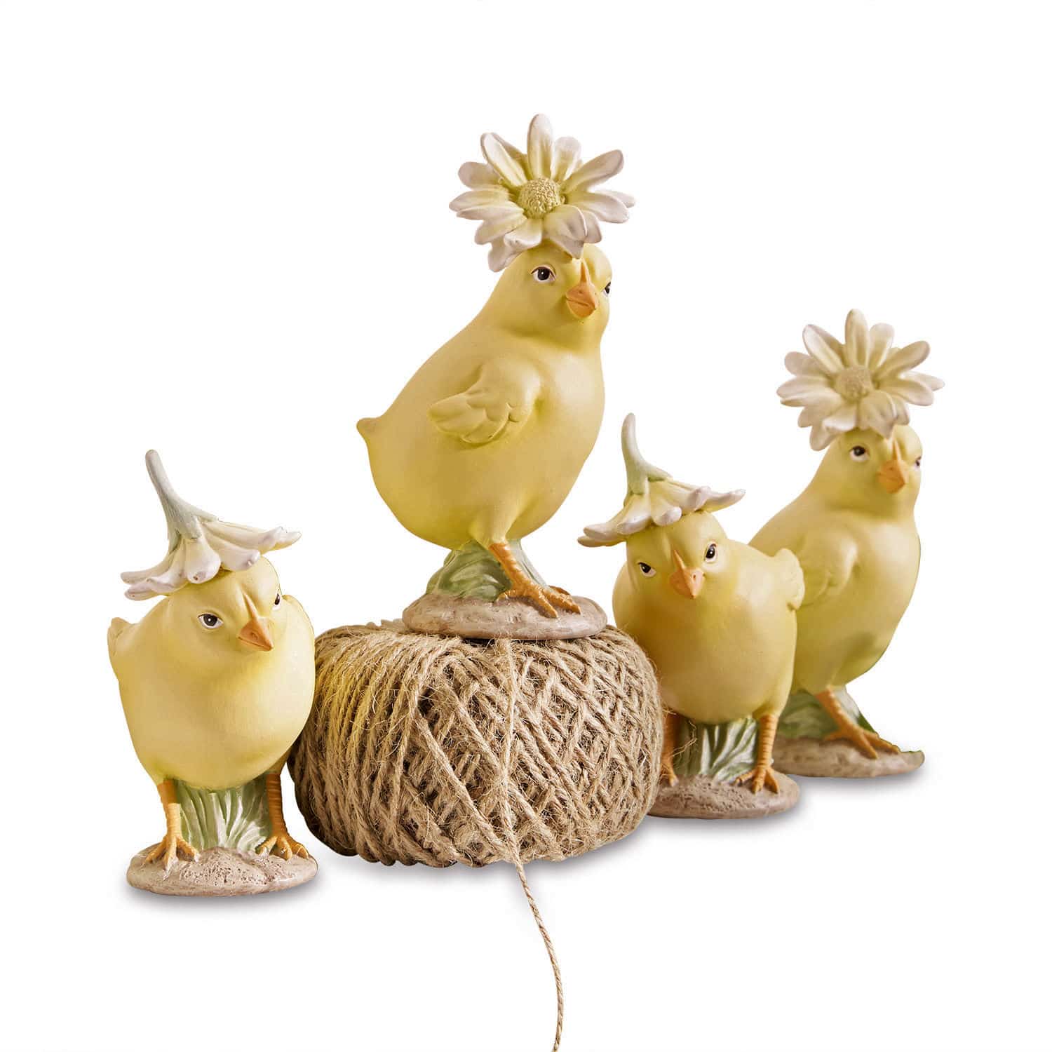 Set di 4 pulcini Garsonne Set di quattro pulcini gialli in ceramica con cappelli floreali per decorazione primaverile