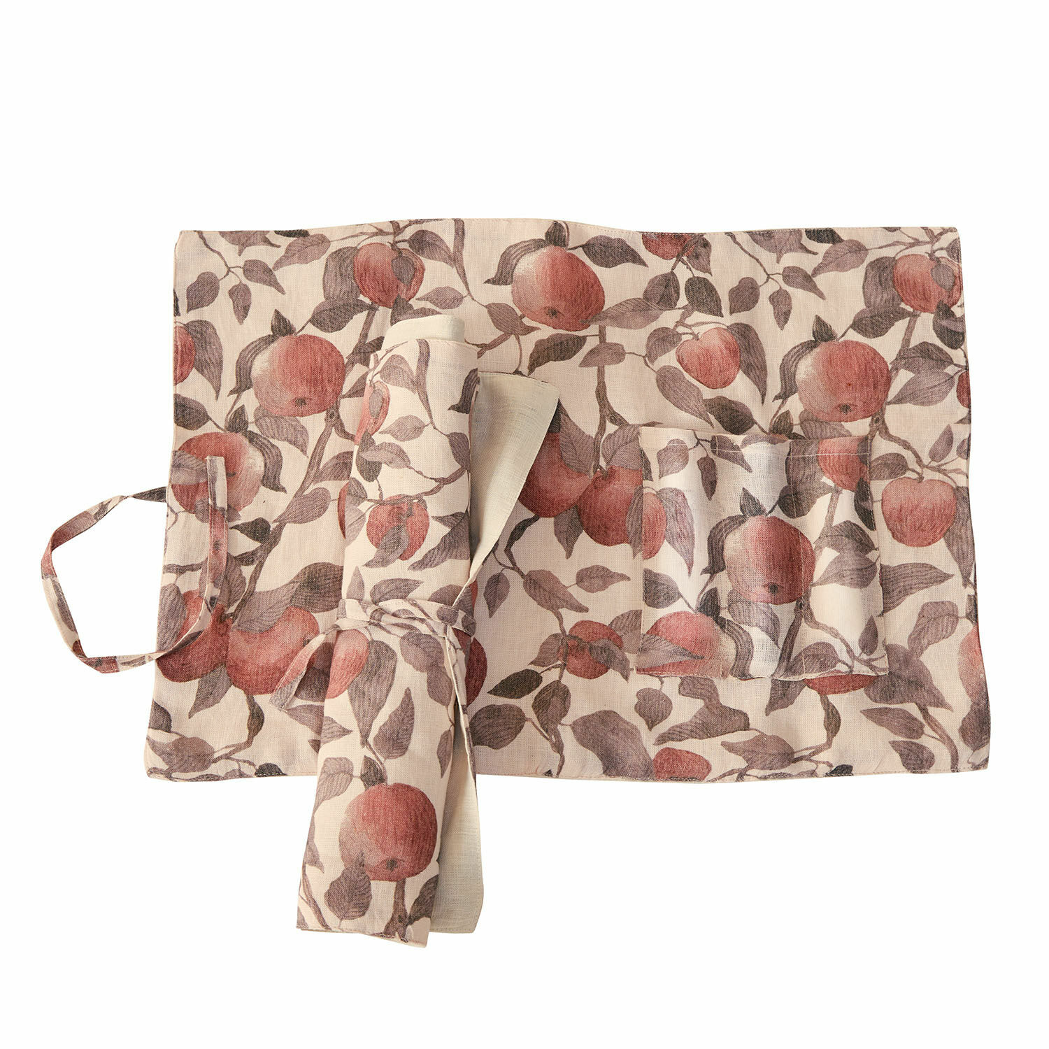Coppia di tovagliette Zaveline Grembiule in lino beige con motivo di mele rosse e tasche, accessorio cucina