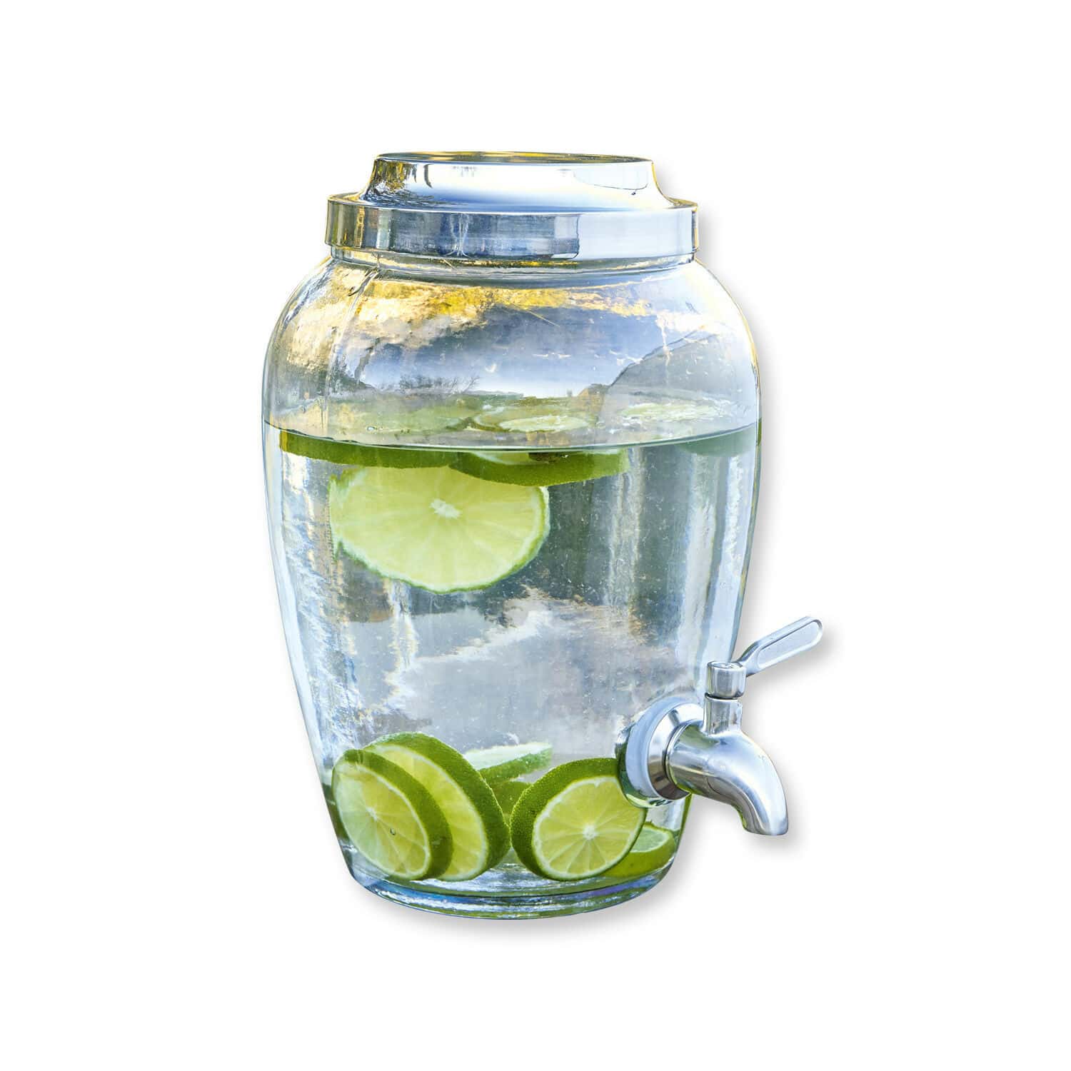 Dispenser di bevande Avrilla Distributore di bevande in vetro con rubinetto in metallo, acqua con fette di lime, per servire bevande