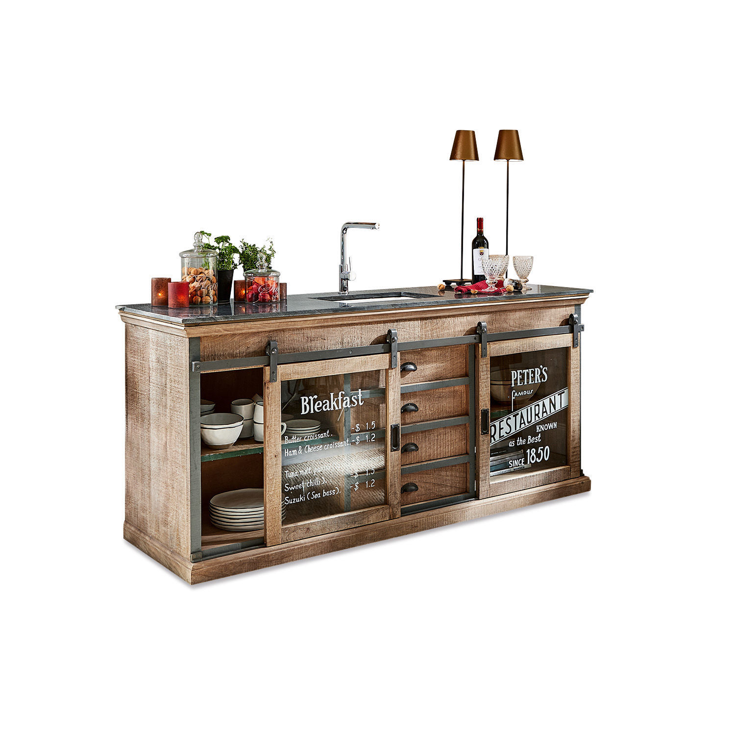 Mobile con lavello Holbrook Isola cucina in legno con piano nero e ante in vetro con stampa menu colazione