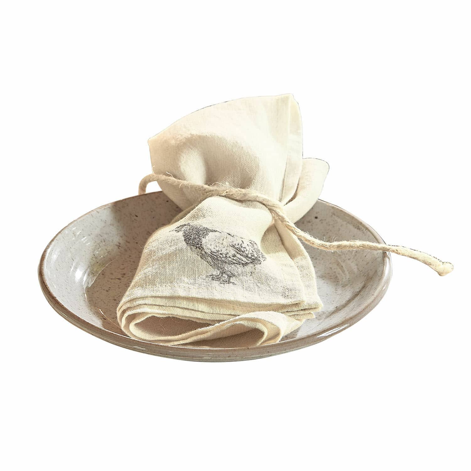 Set di 4 tovaglioli Walorine Tovagliolo in lino crema con stampa di uccello su piatto in ceramica beige per decorazione tavola