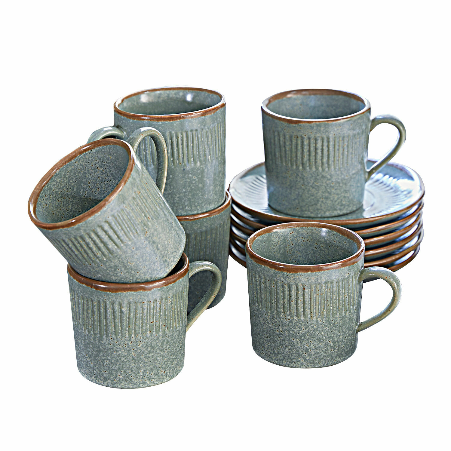 Set di 6 tazze con piattino Périers Set di tazze e piattini in ceramica grigio-marrone per caffè o tè