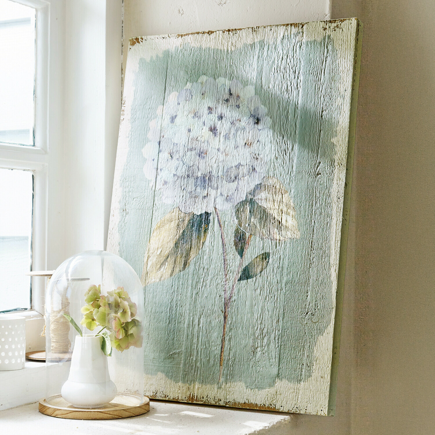 Stampa su legno Isle Quadro in legno con fiore bianco su sfondo verde per decorazione d'interni