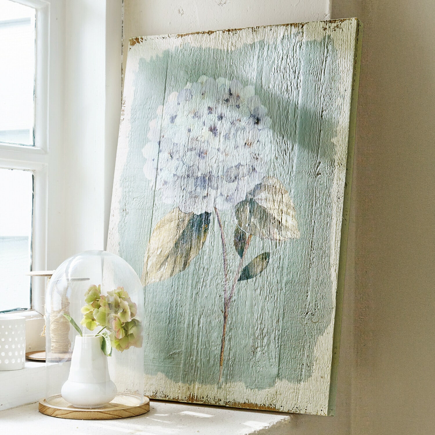 Stampa su legno Isle Quadro in legno con fiore bianco su sfondo verde per decorazione d'interni