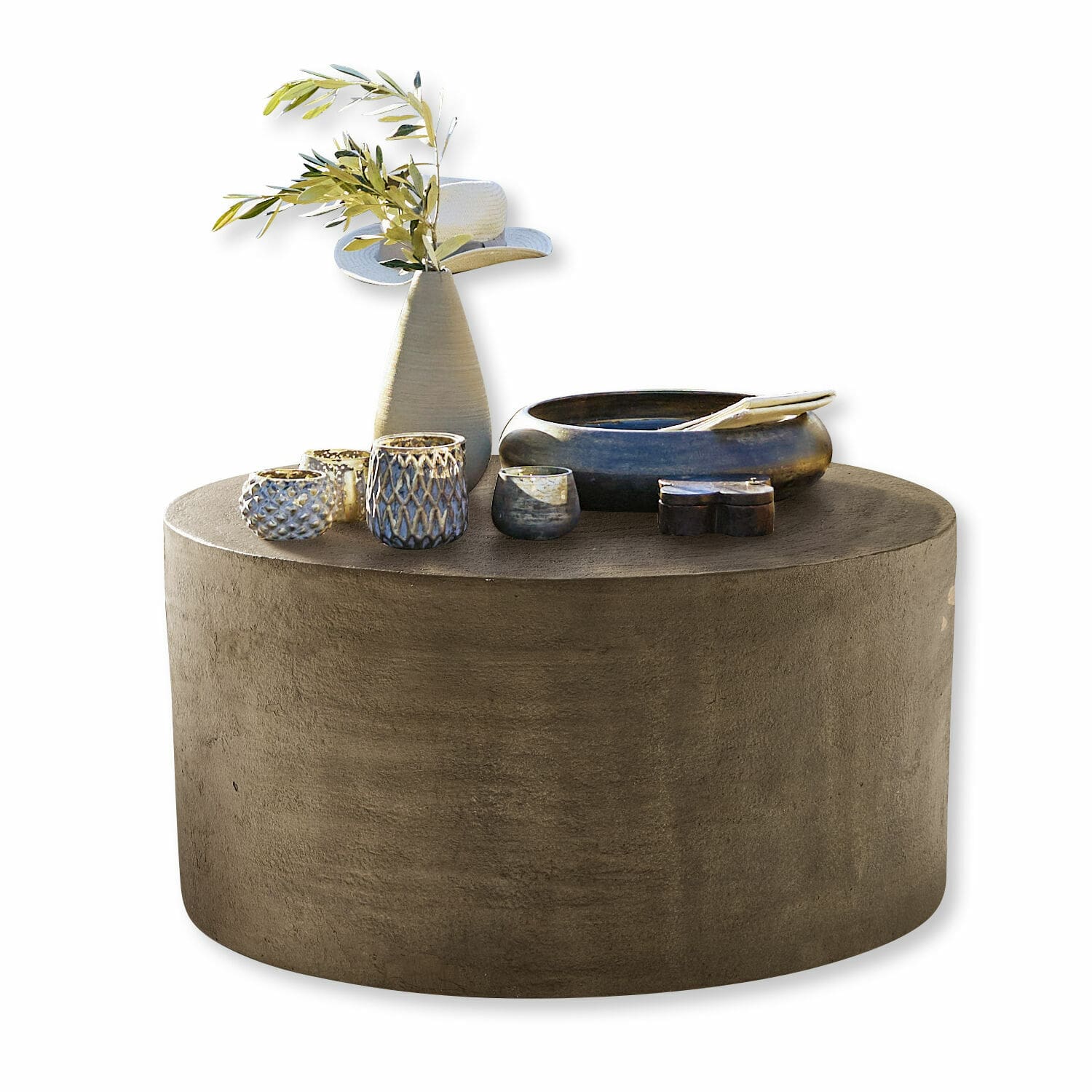 Tavolino da salotto Lexy Tavolino rotondo in cemento grigio con decorazioni in ceramica e vaso con rami verdi