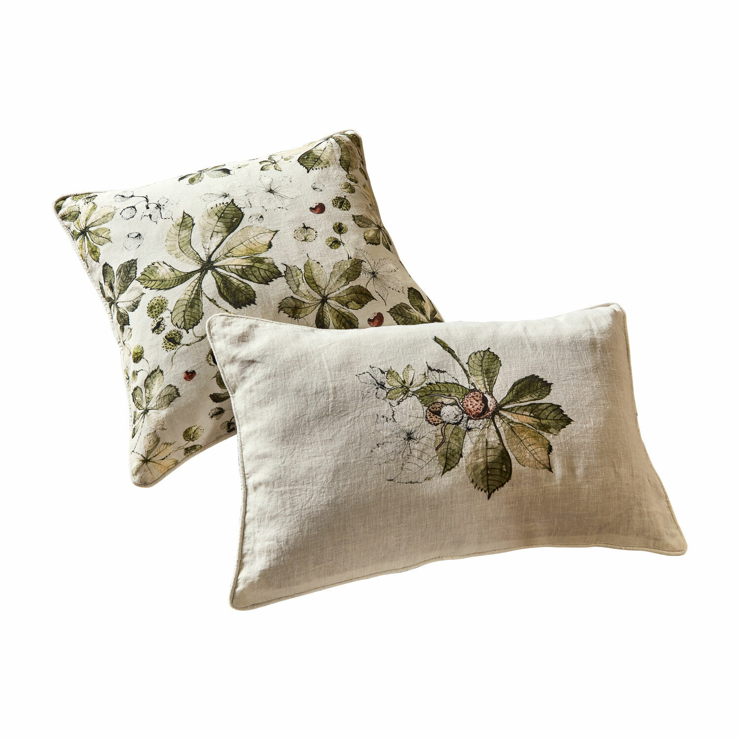 Coppia di copricuscini Elsie Set di due cuscini decorativi in lino color crema con foglie verdi e motivo botanico