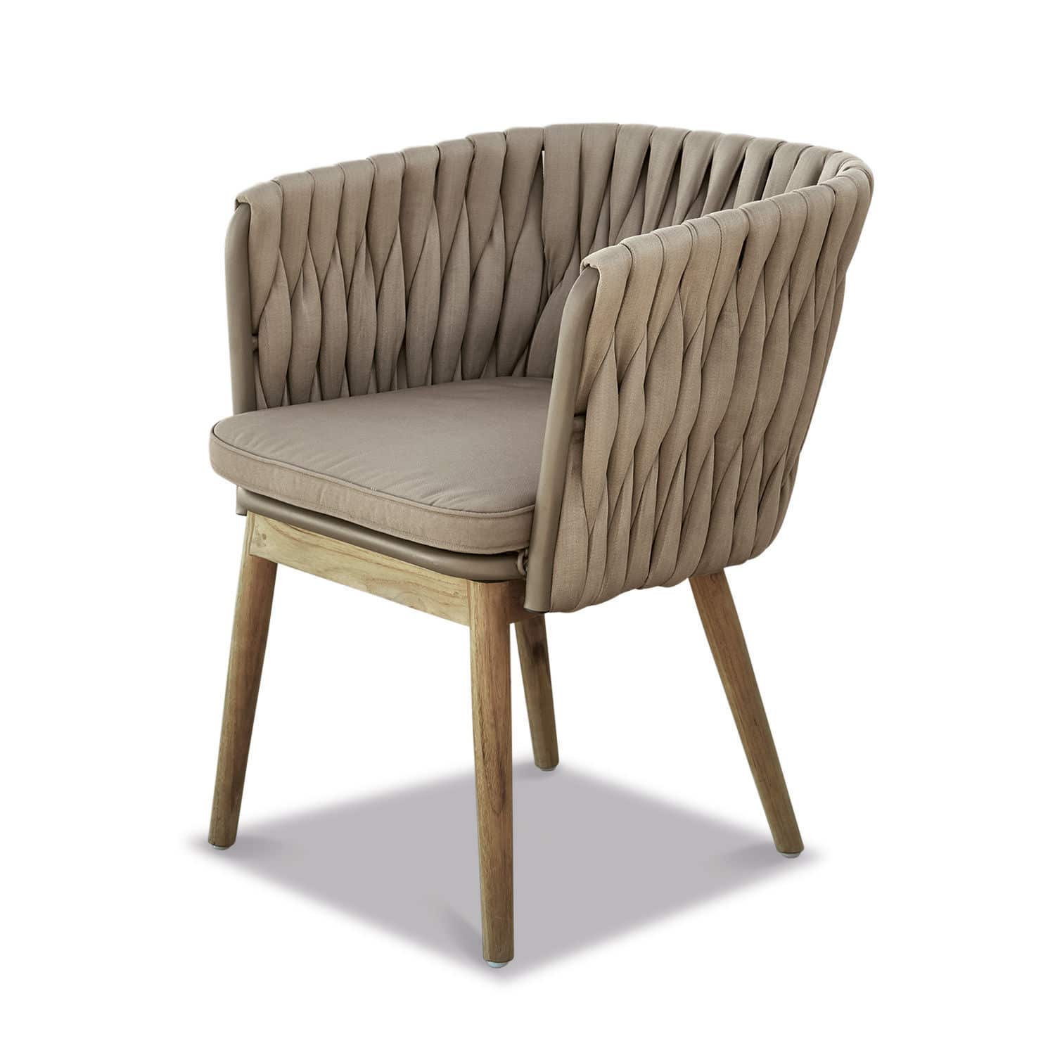 Sedia Uchon Poltrona beige in tessuto con schienale intrecciato e gambe in legno per soggiorno