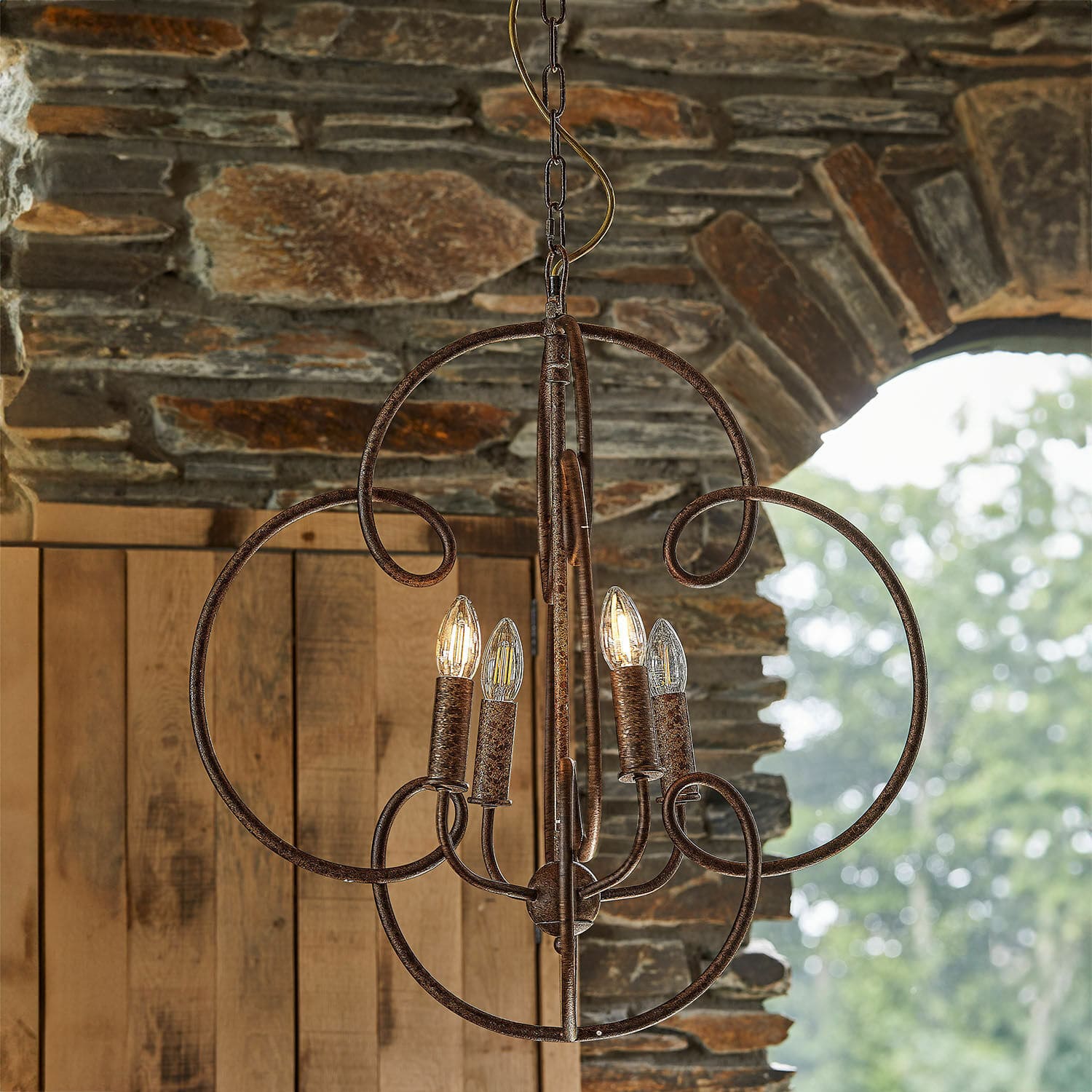 Lampadario Rahima Lampadario rustico in metallo marrone con quattro lampadine LED per interni ed esterni