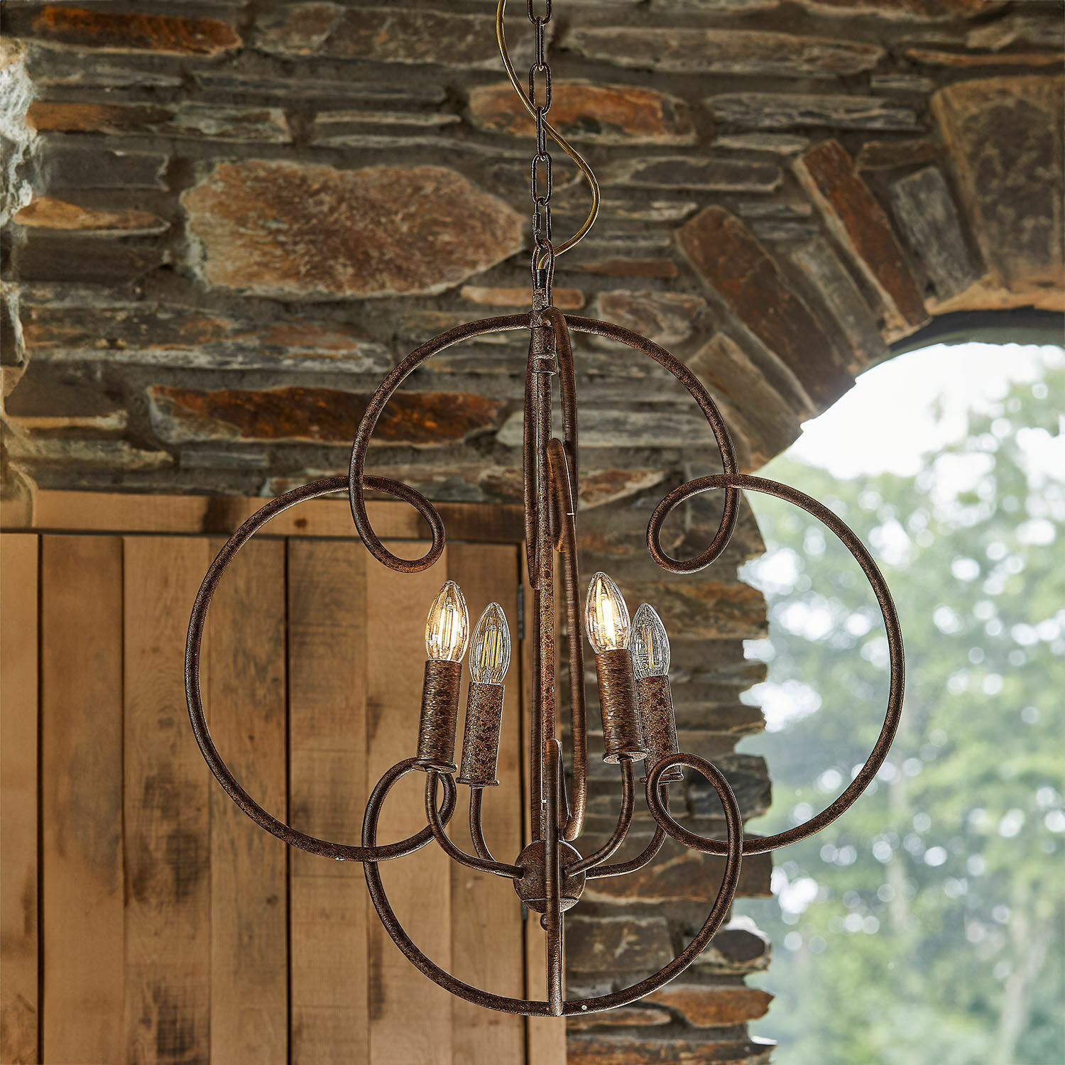 Lampadario Rahima Lampadario rustico in metallo marrone con quattro lampadine LED per interni ed esterni