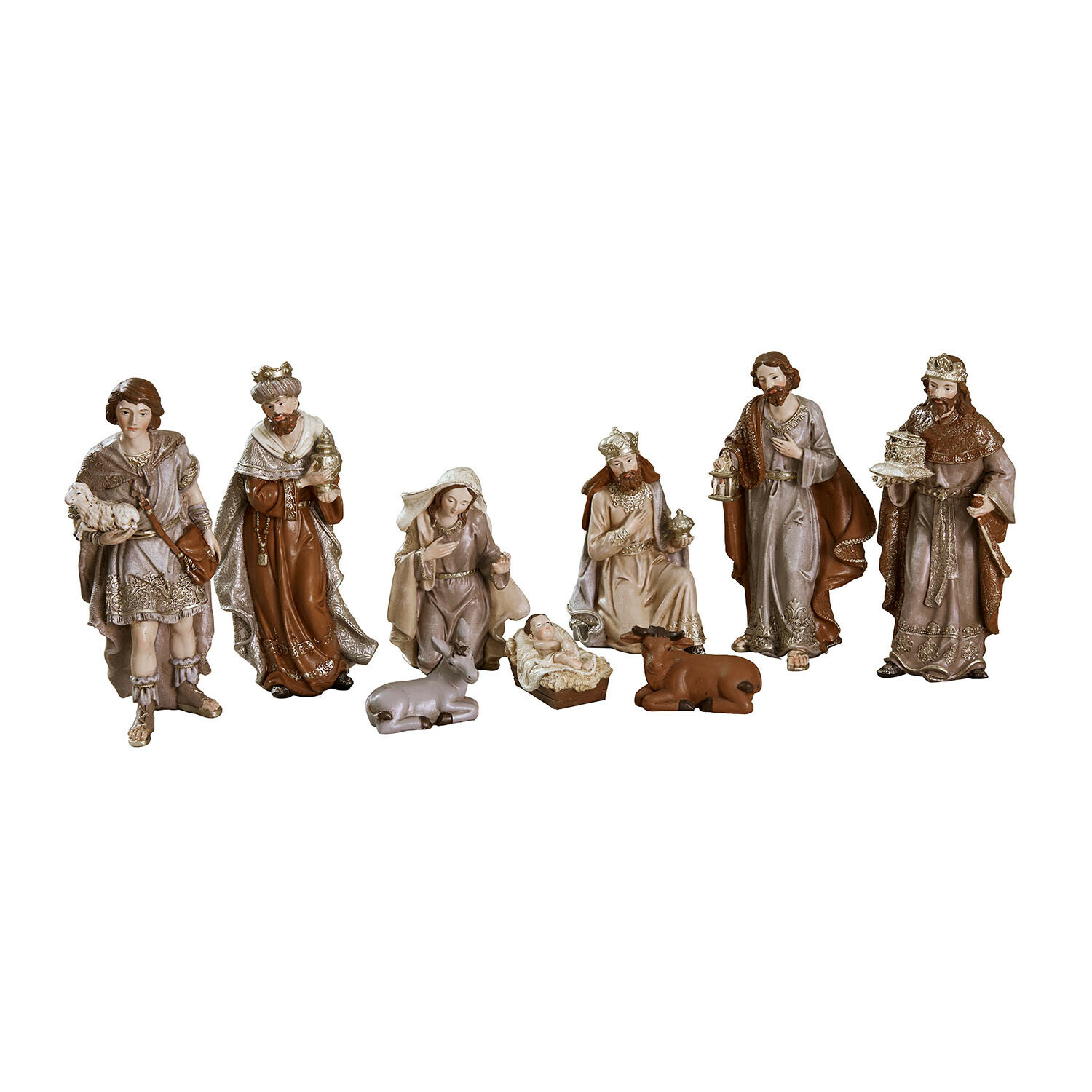 Set di 9 statuine per culla Caprinas Set di statuine per presepe in tonalità marrone e beige, decorazione natalizia tradizionale con personaggi