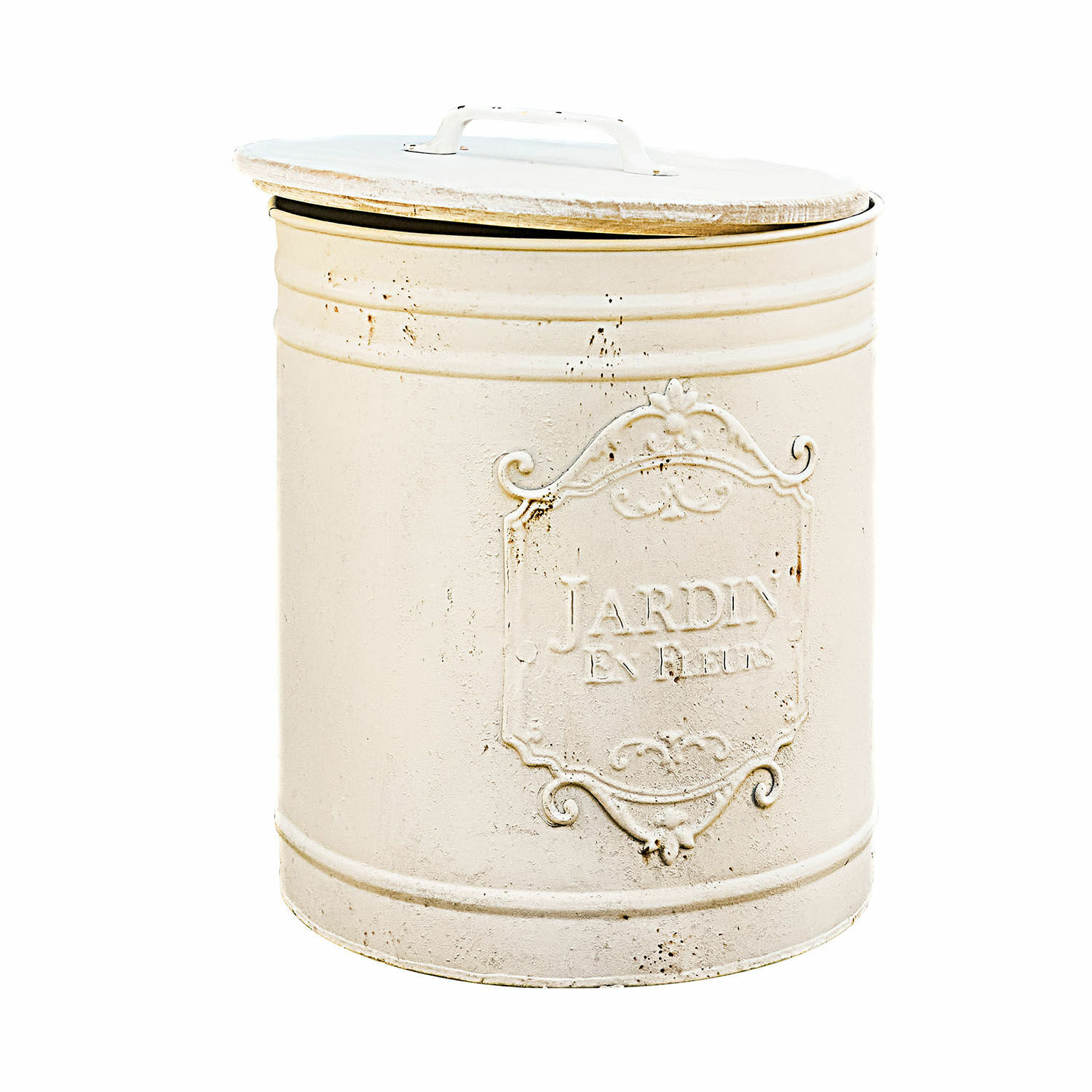 Pattumiera Towson Contenitore in metallo vintage color crema con coperchio e scritta decorativa Jardin