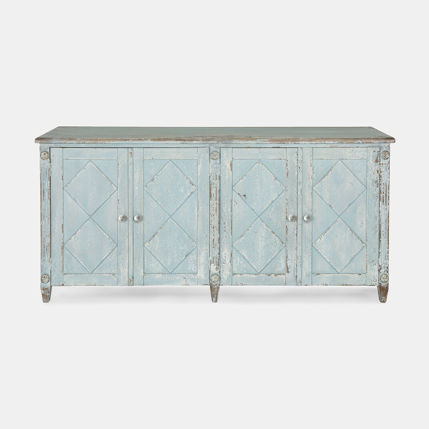 Mobile basso Resplandor Credenza in legno blu con finitura invecchiata e motivo geometrico sulle ante