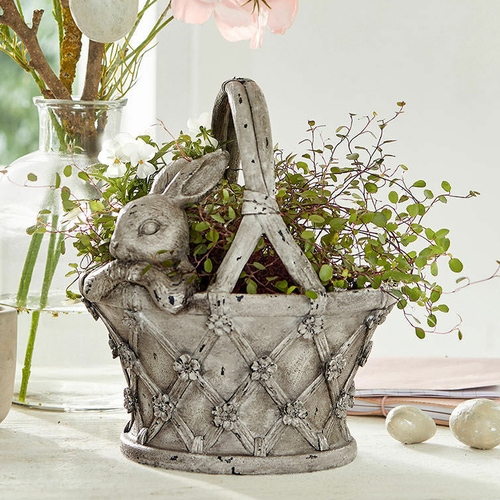 Cesto decorativo grigio in ceramica con motivo coniglio e fiori, decorazione primaverile per la casa