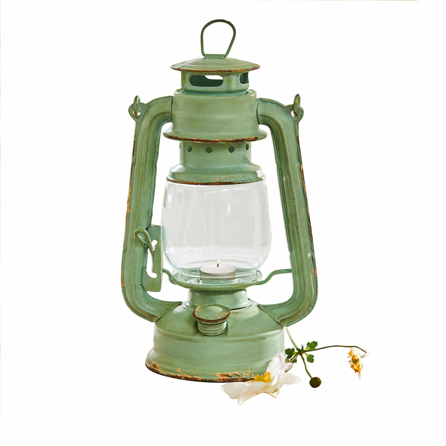 Lanterna Clemence Lanterna in metallo verde effetto invecchiato con vetro per candela tealight decorativa