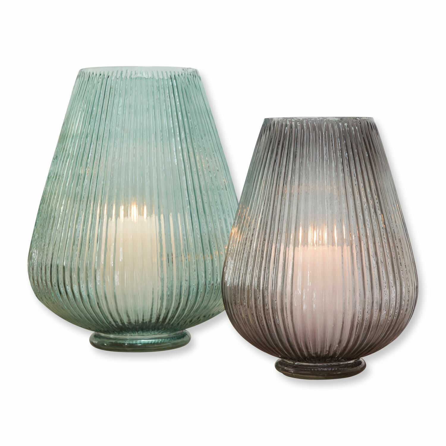 Coppia di vasi Fenis Due lanterne decorative in vetro verde e grigio con candele bianche, decorazione elegante per interni