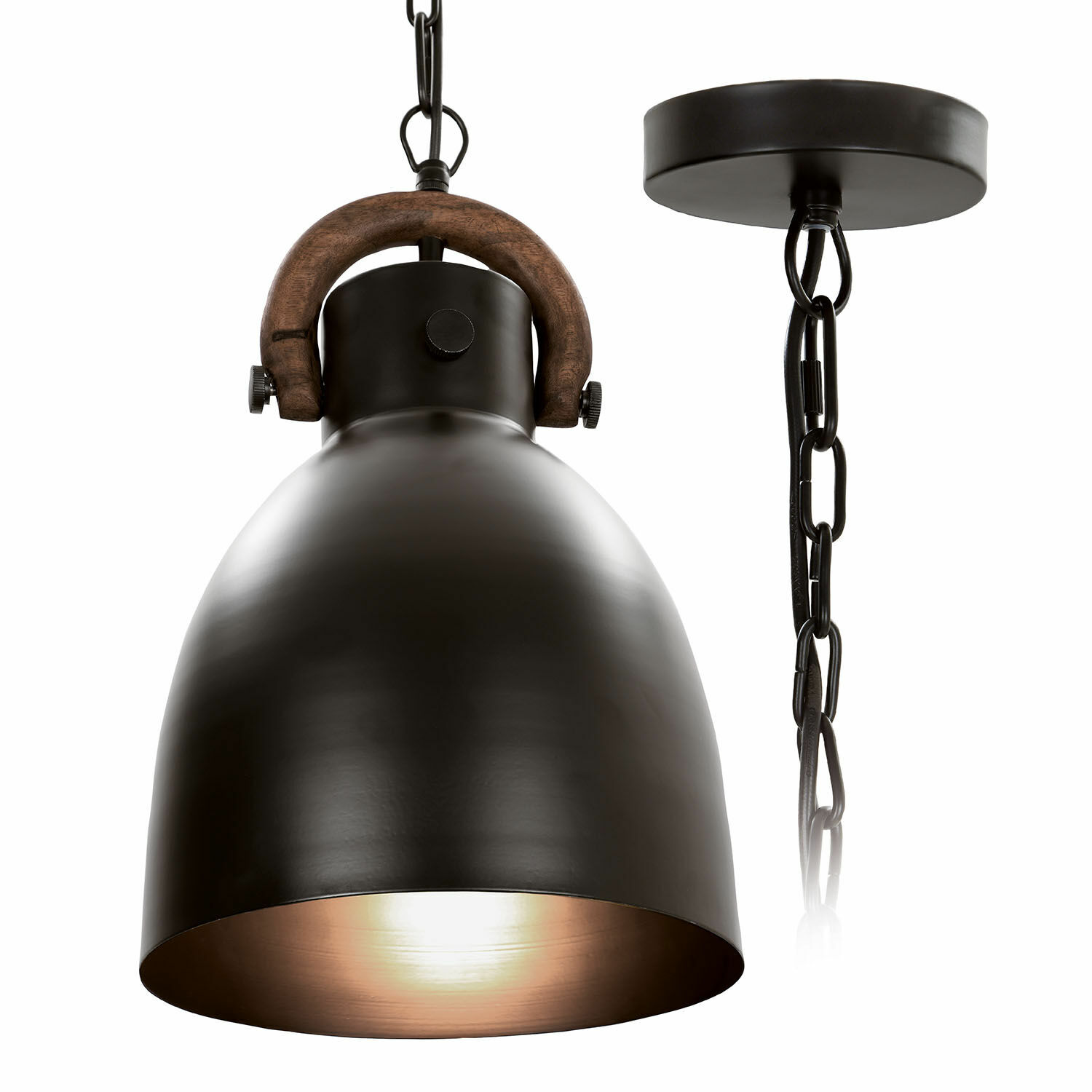 Lampada a sospensione Walcote Lampada a sospensione in metallo nero con manico in legno e catena, illuminazione stile industriale