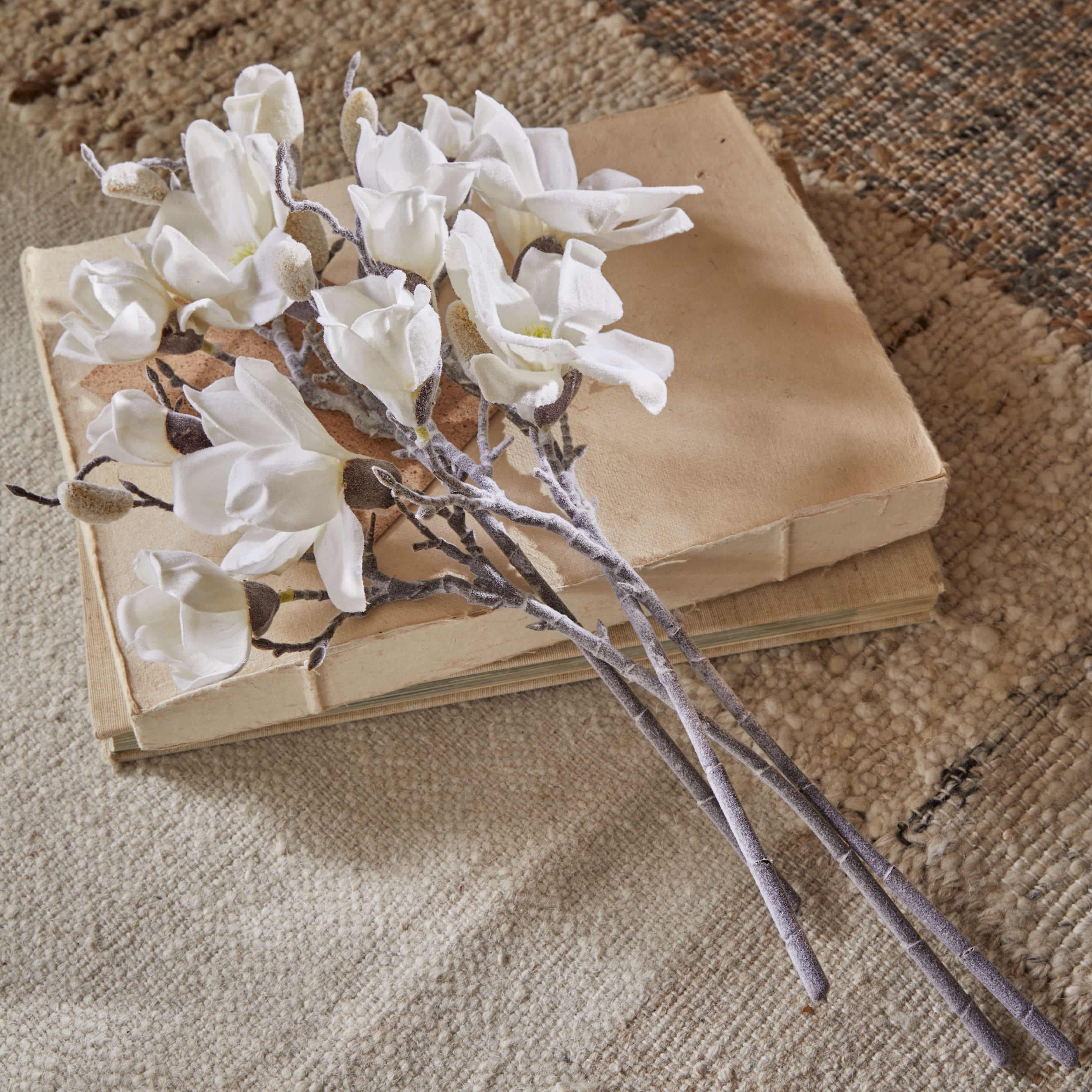 Mazetto di fiori di magnolia bianchi in tessuto su vecchi libri beige su tappeto