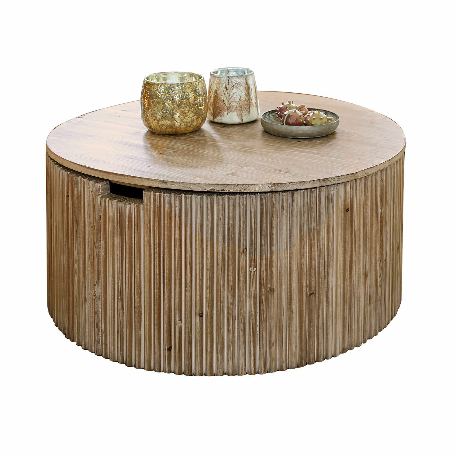 Tavolino da salotto Saintouré Tavolino rotondo in legno naturale con portacandele decorativi sul piano