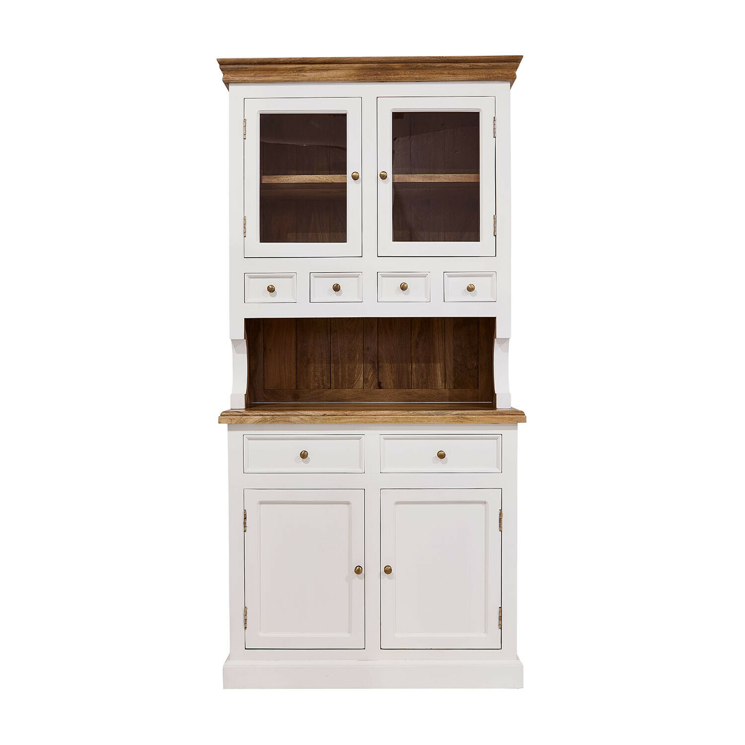 Credenza Kenwick Credenza in legno bianco con cassetti e ante in vetro, piano e interno in legno naturale