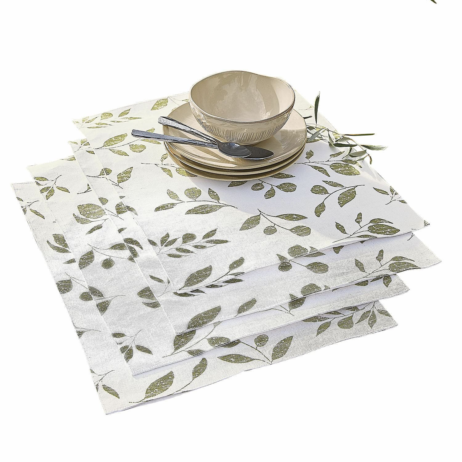 Set di 4 tovagliette Klivento Tovaglioli in lino bianco con motivo foglie verdi, decorazione elegante per tavola