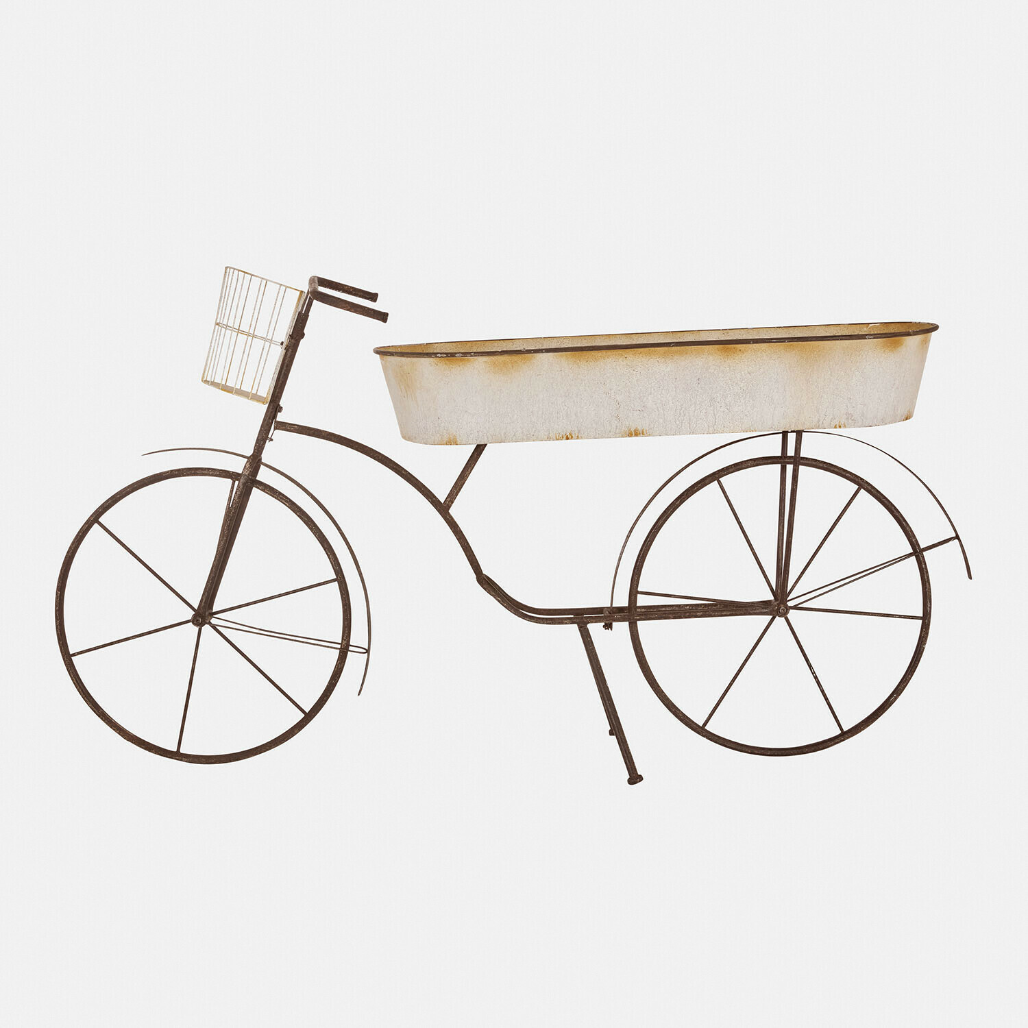 Tavolo per piante in ferro Donnérie Bicicletta decorativa in metallo con cassa bianca invecchiata al centro, stile rustico