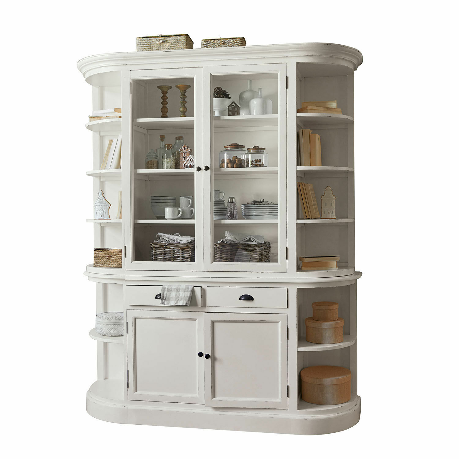 Credenza Louisiana Vetrina bianca in legno con ante in vetro e ripiani per conservare stoviglie e decorazioni