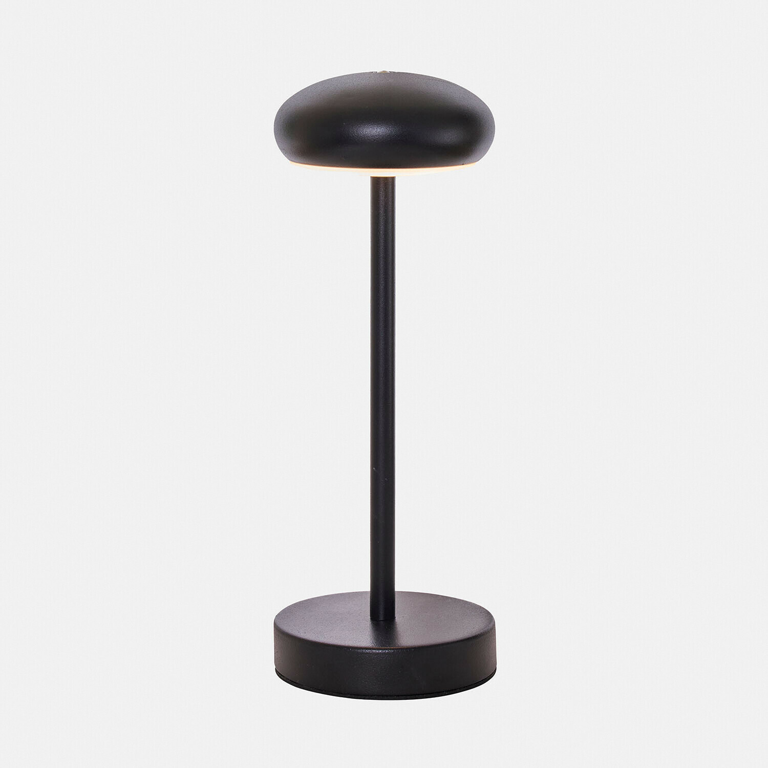 Lampada da tavolo nera in metallo con base rotonda e paralume, design moderno e minimalista
