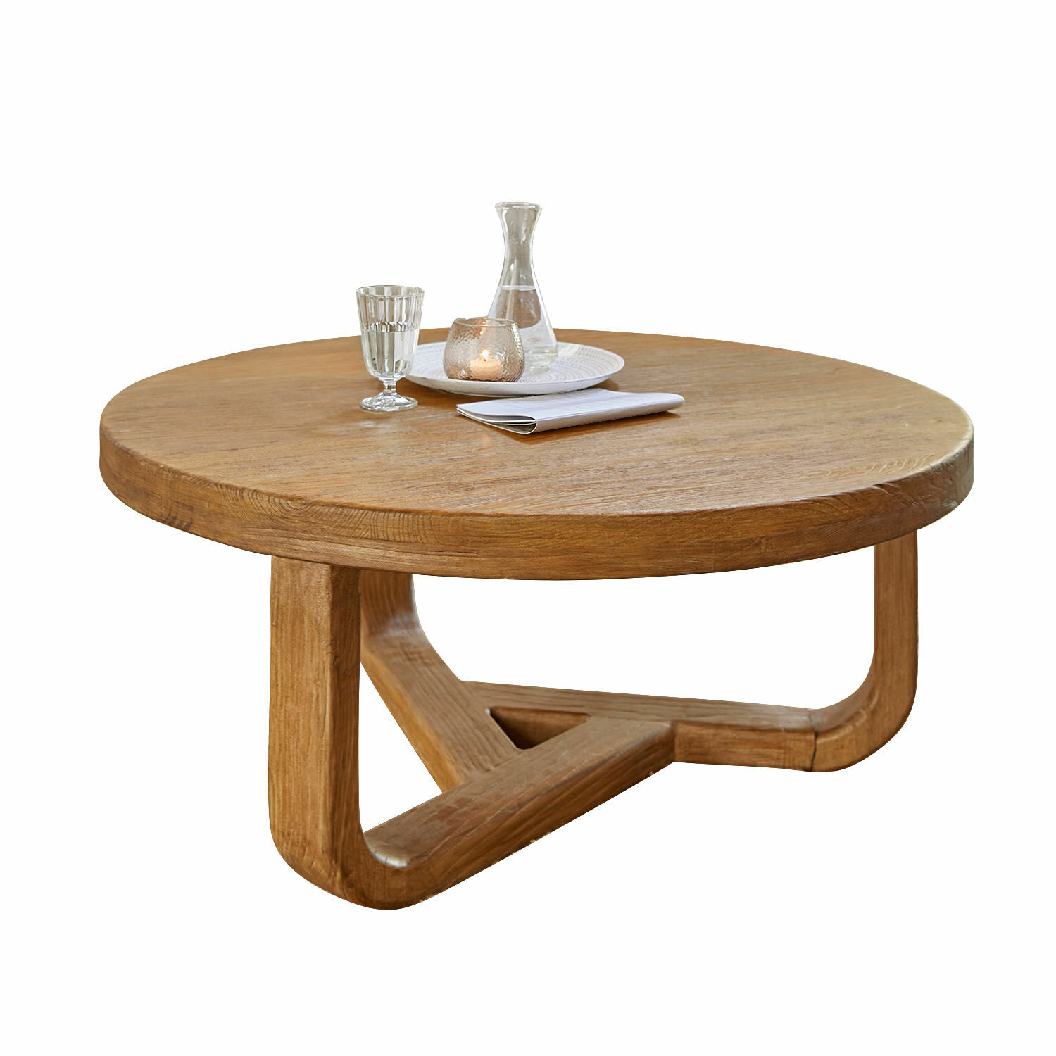 Tavolino da salotto Trésorique Tavolino rotondo in legno di quercia naturale con base moderna in legno massello