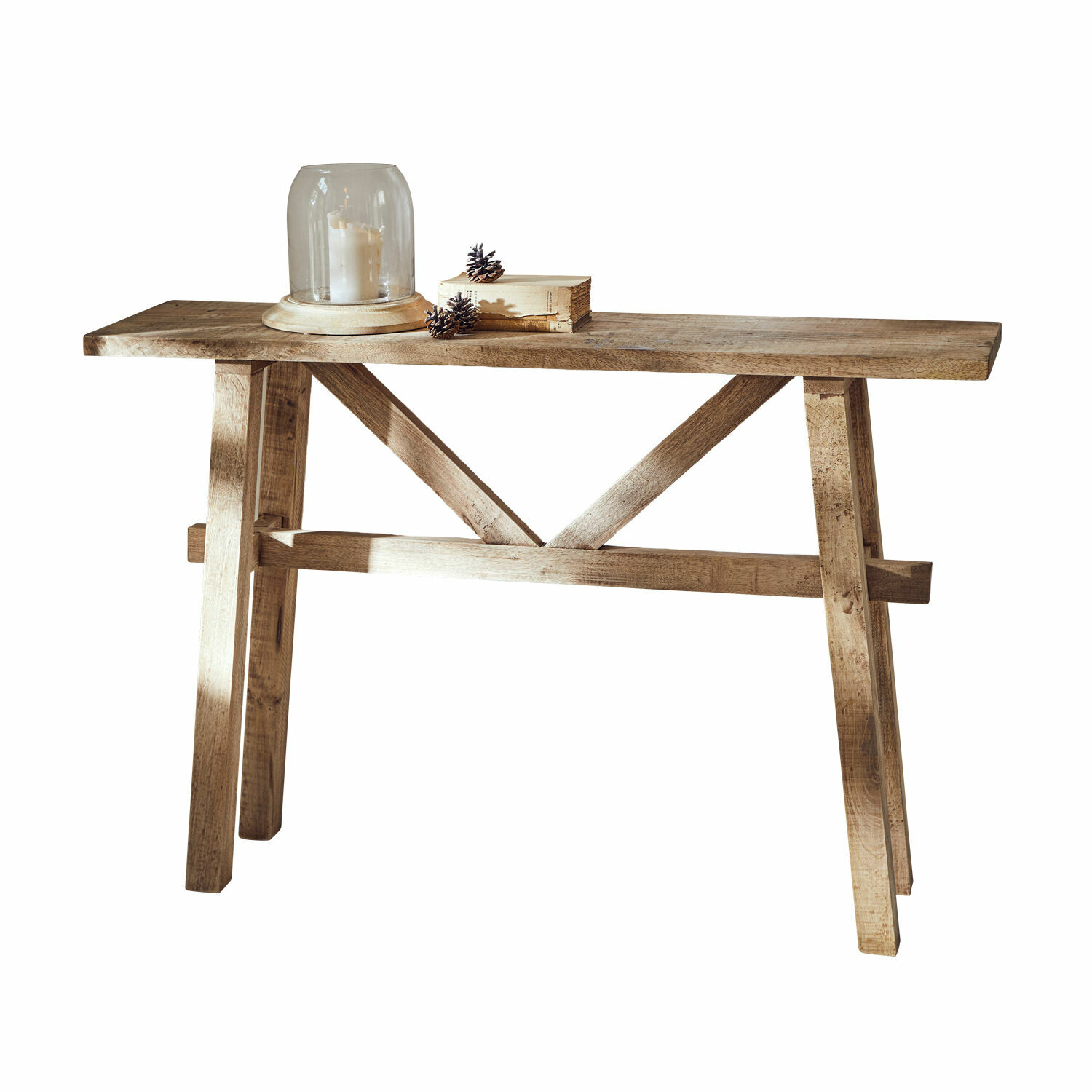 Consolle Nael Tavolo consolle in legno naturale con decorazione di candela e pigne, mobile rustico