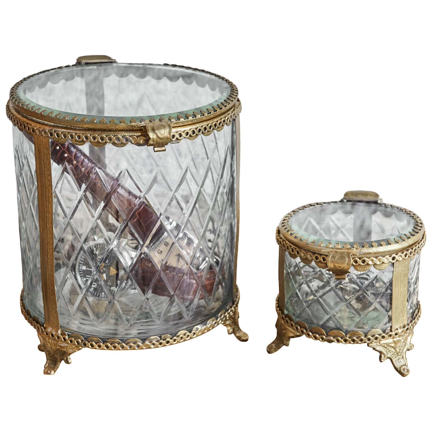 Coppia di barattoli Svelteque Set di due contenitori in vetro con decorazioni in ottone e piedini, organizer decorativo