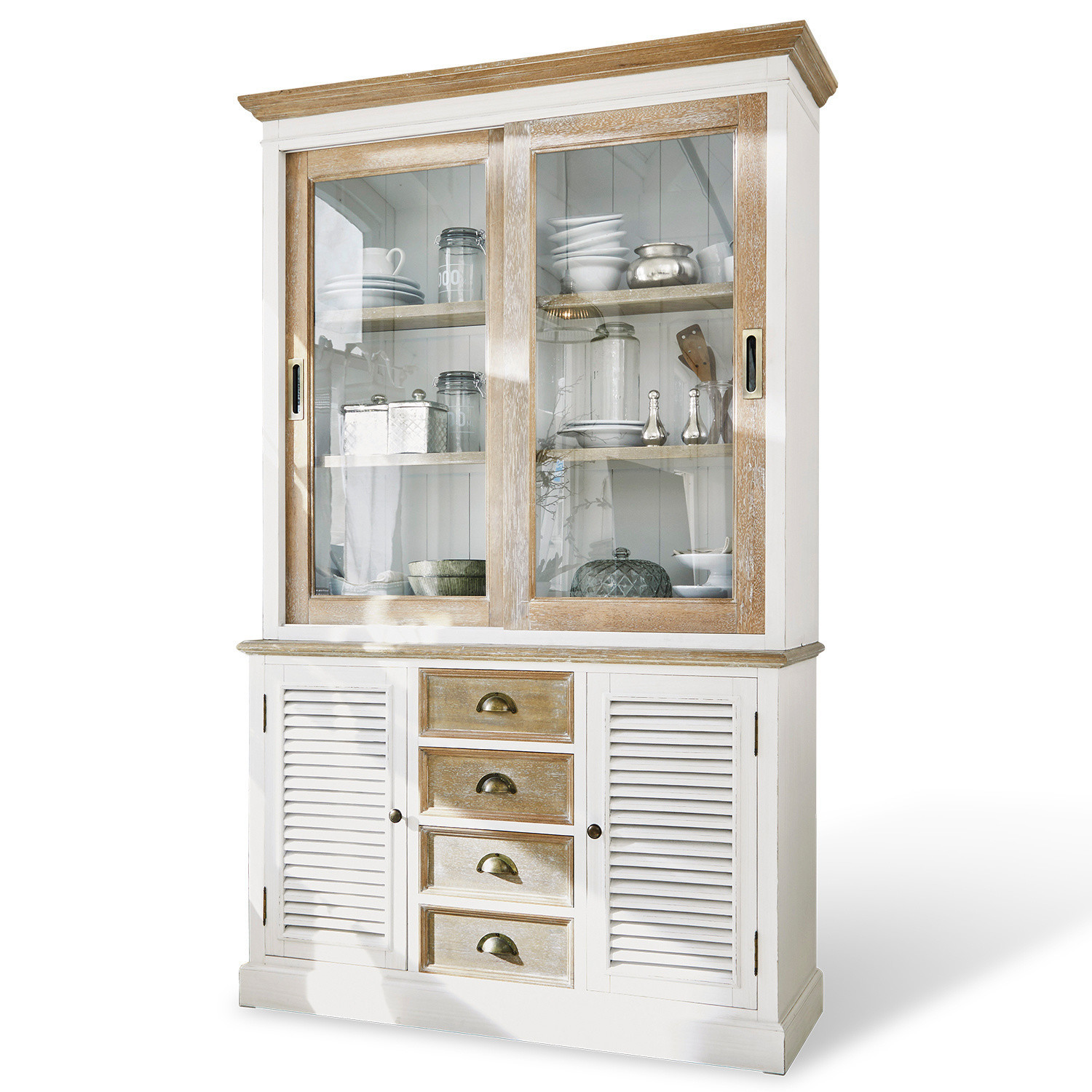 Credenza Moosehide Vetrina in legno bianco con ante scorrevoli in vetro e cassetti in stile vintage