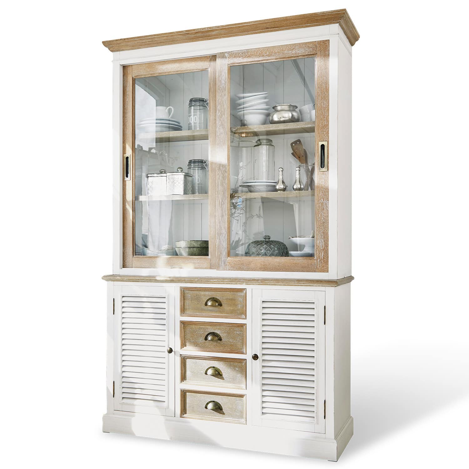 Credenza Moosehide Vetrina in legno bianco con ante scorrevoli in vetro e cassetti in stile vintage