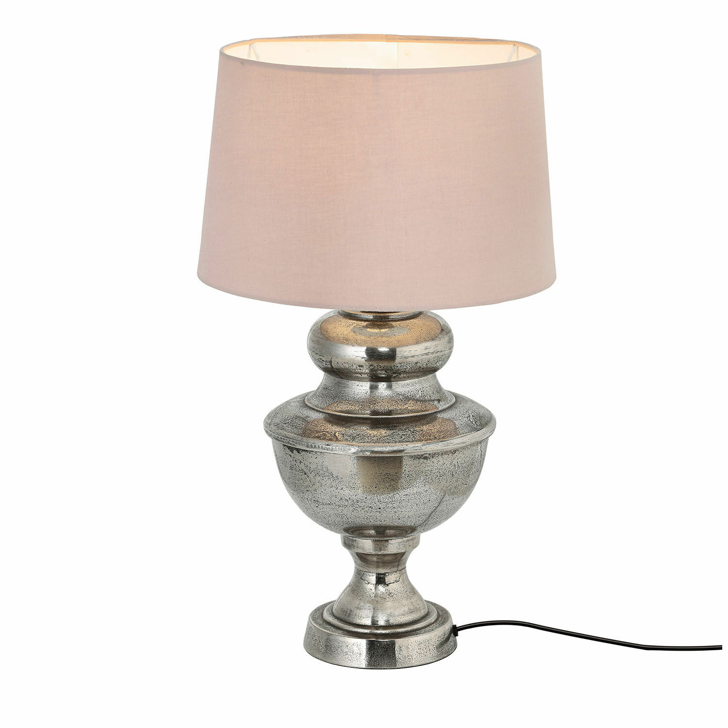 Lampada da tavolo Kalvin Lampada da tavolo con base in metallo argentato e paralume beige, illuminazione decorativa per soggiorno