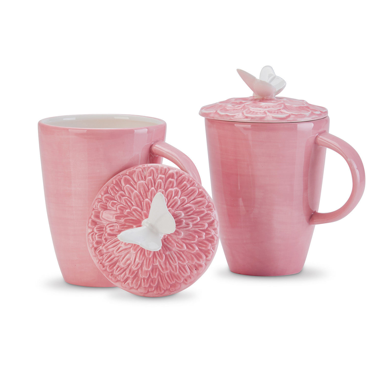 Coppia di tazze Daireann Tazza in ceramica rosa con coperchio decorato da farfalla bianca, set elegante per tè