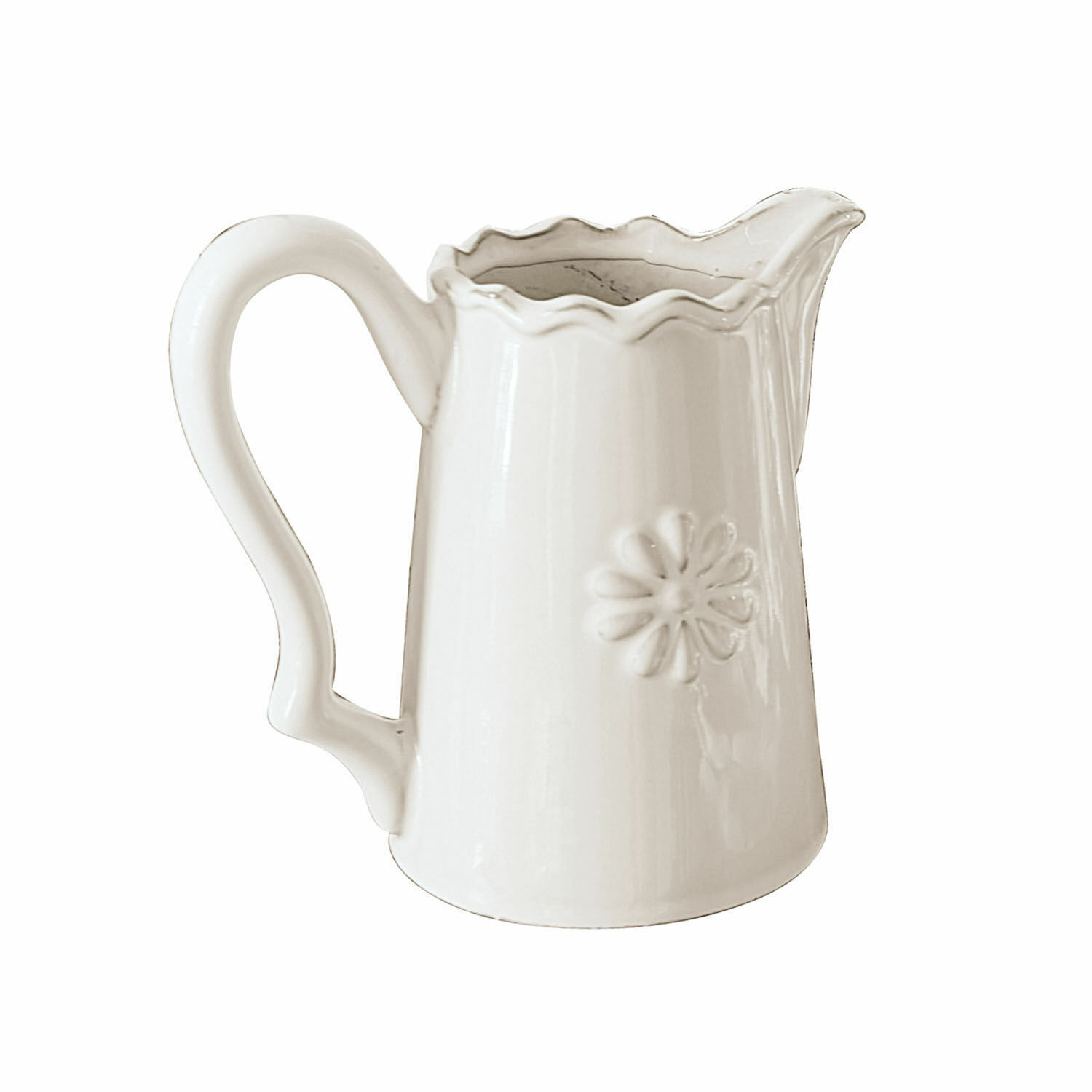 Caraffa Mallevesse Brocca in ceramica bianca con motivo floreale in rilievo e bordo ondulato per servire bevande