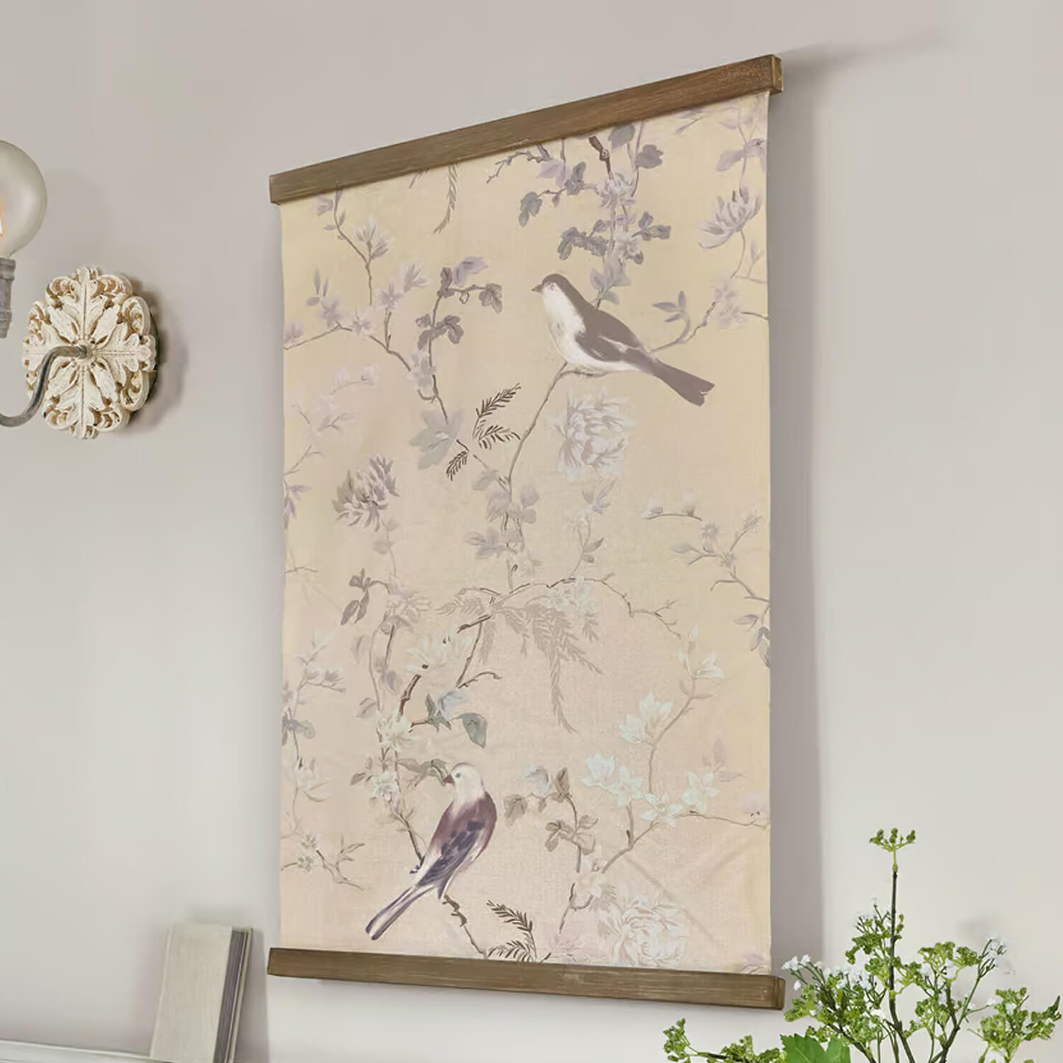 Quadro decorativo su tela con uccelli e fiori in colori pastello, cornice in legno