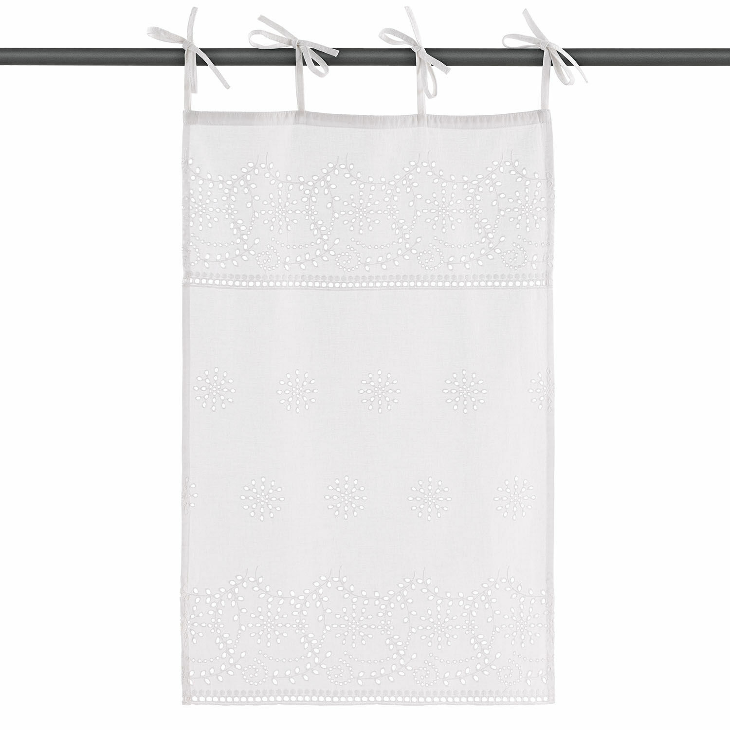 Tendina a vetro Sivolre Tenda bianca in cotone con ricamo traforato e motivi floreali, decorazione per finestra con lacci